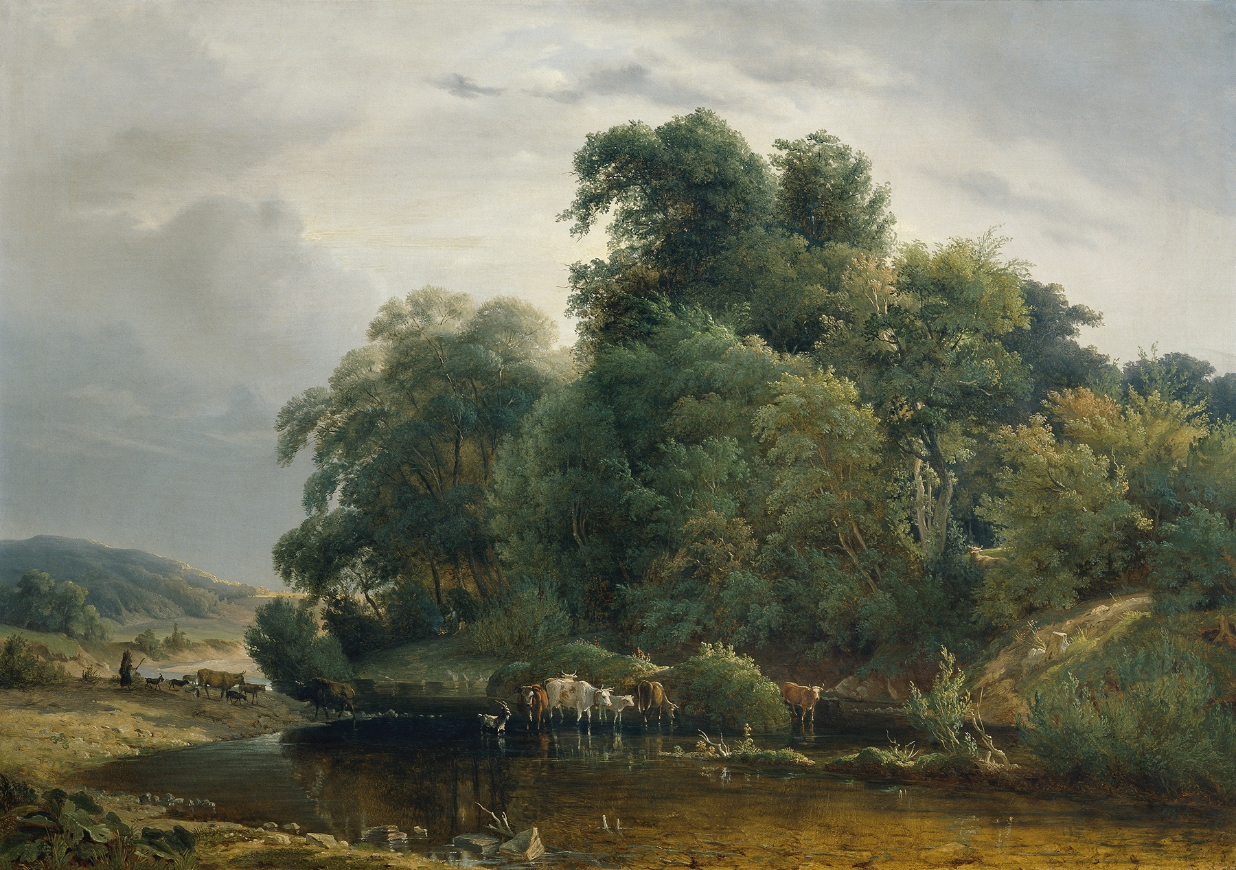 Landschaft mit Viehherde und Hirtin by Heinrich Peyer, oil painting depicting a serene landscape with hills and a herd.