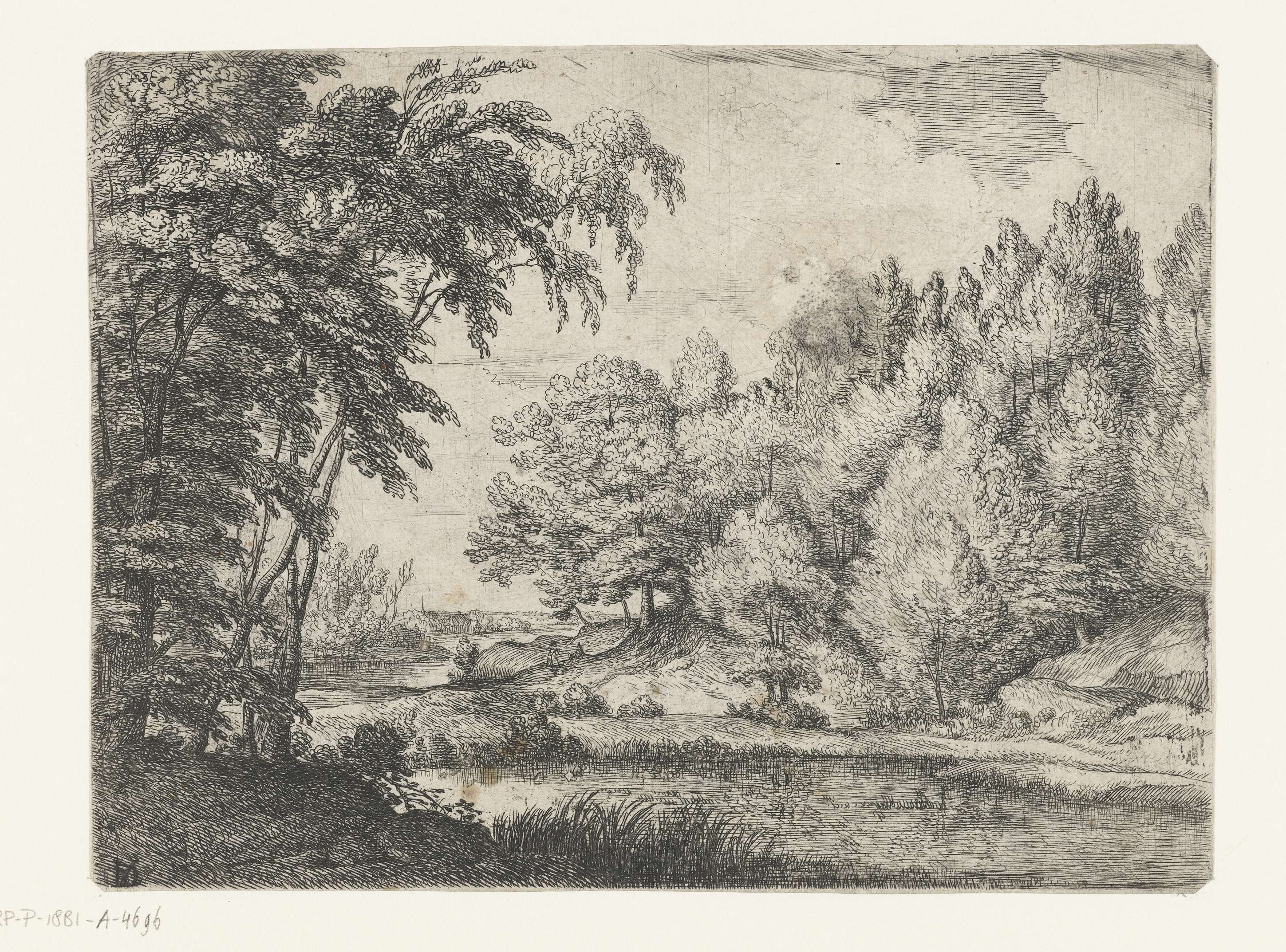 Landschap met een kronkelende rivier, etching by Lodewijk de Vadder showing a winding river through lush greenery.