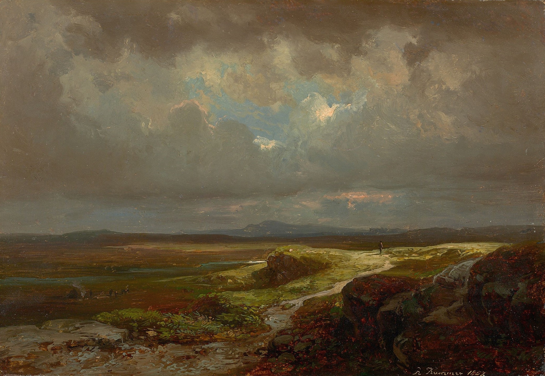Wide landscape in oil painting by Robert Kummer depicting hills and a loch under a Scottish sky.