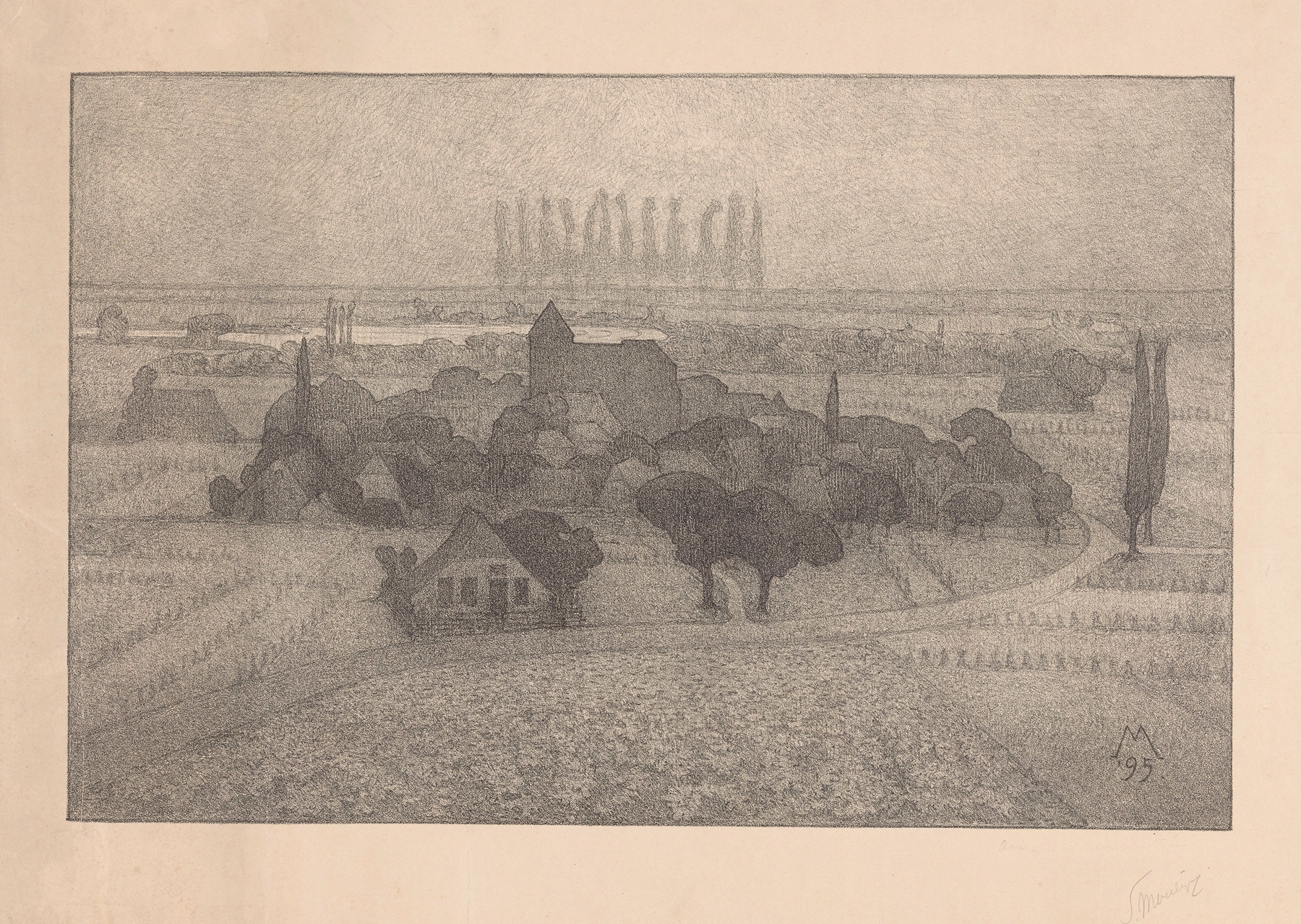 Landschap met dorp bij een rivier Schemering by Simon Moulijn, oil on canvas depicting a village at twilight.