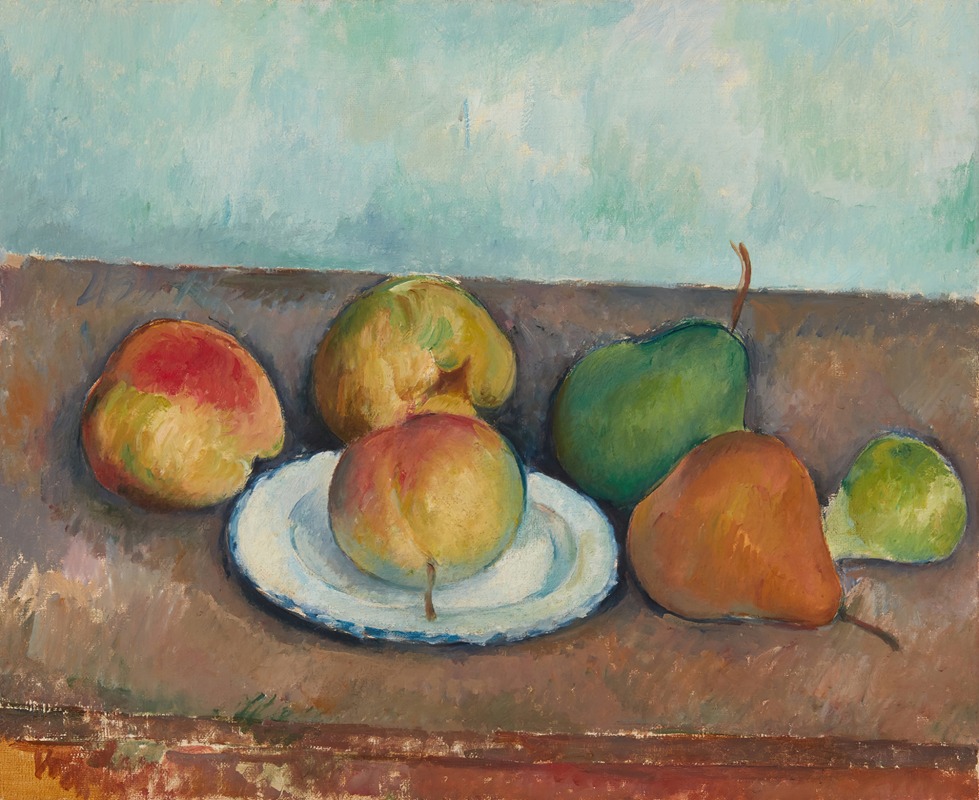 Cézanne's still life features apples and pears, showcasing his unique brushwork.