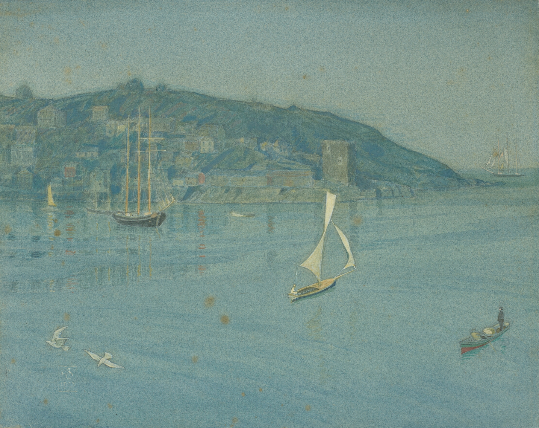 View of Polruan across the Fowey estuary, Cornwall by Joseph Edward Southall, watercolor on paper