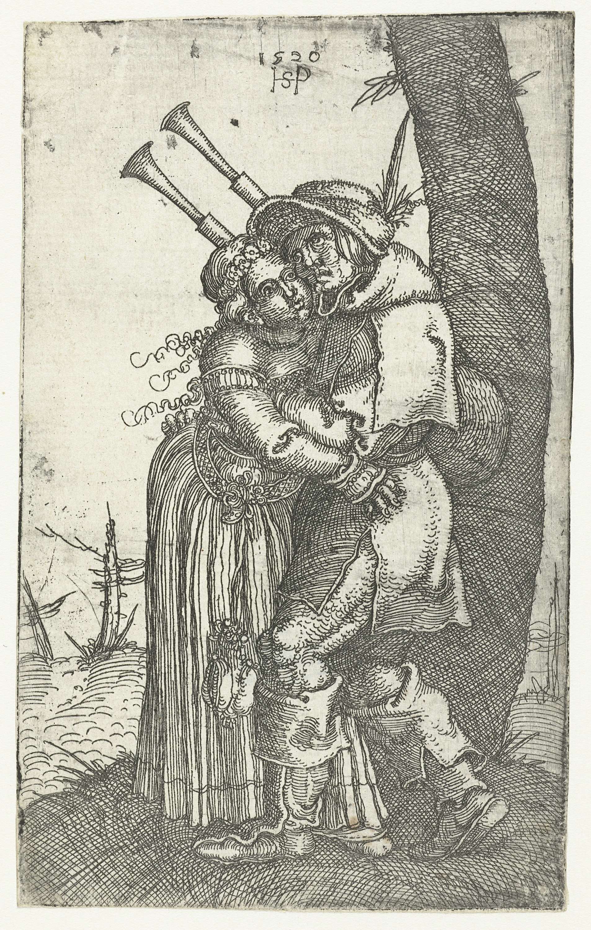 Etching by Hans Sebald Beham of a piper holding a woman in his arms.