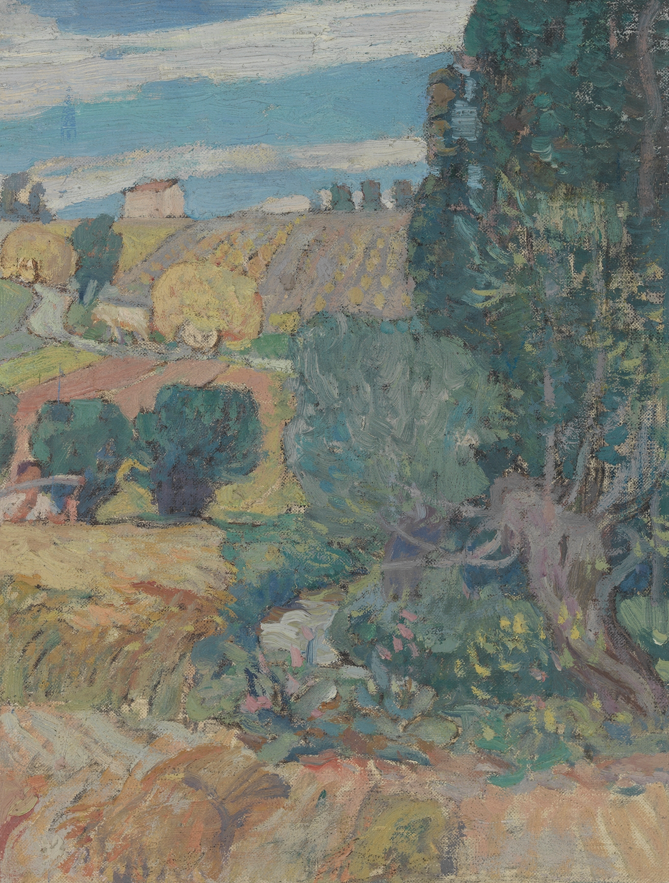 Landscape with sunset over a field, oil on canvas by Victor Menu