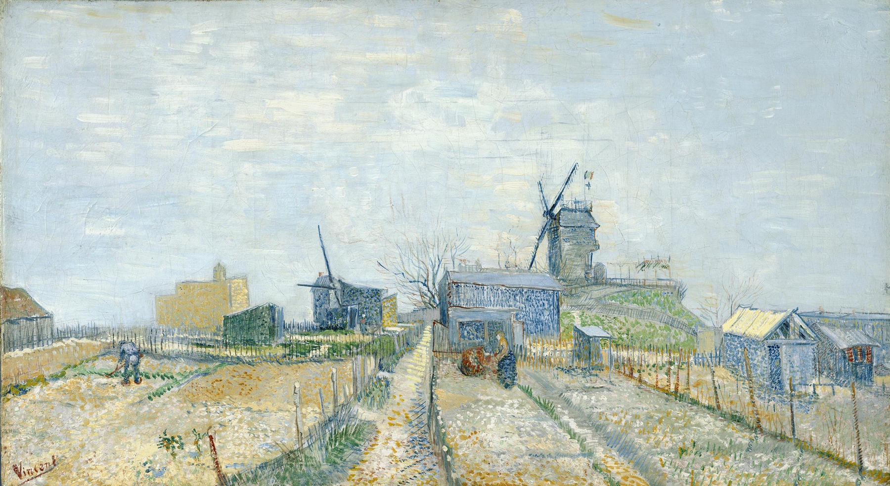 Montmartre landscape with mills and gardens, oil painting by Vincent van Gogh