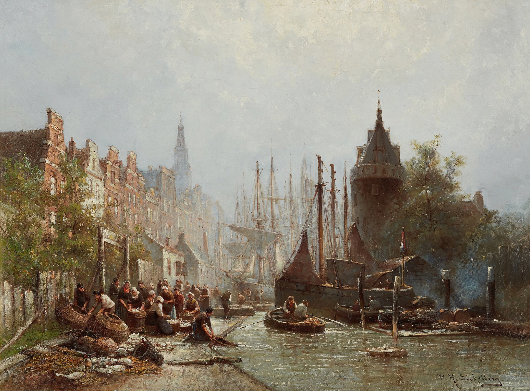 Busy Fisherfolk, oil on canvas by Willem Hendrik Eickelberg depicting fishermen and their families at work.