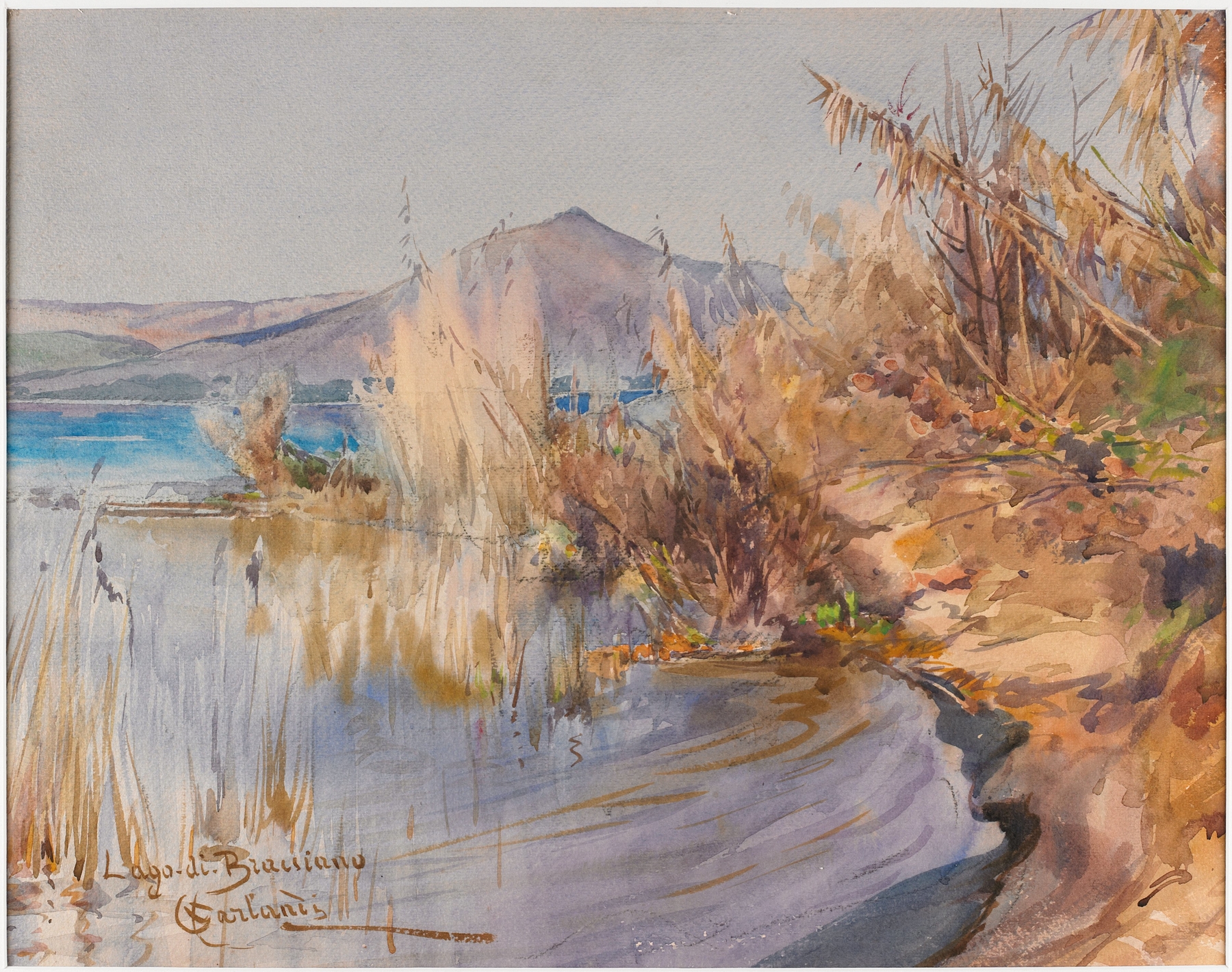 Lago di Bracciano by Onorato Carlandi, oil on canvas depicting a tranquil lake scene.