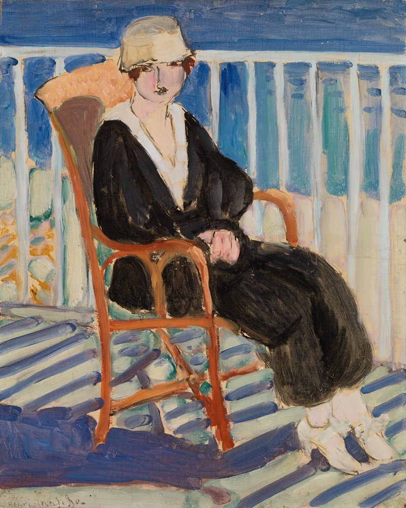 A young girl stands on a balcony overlooking the ocean, painted by Henri Matisse.