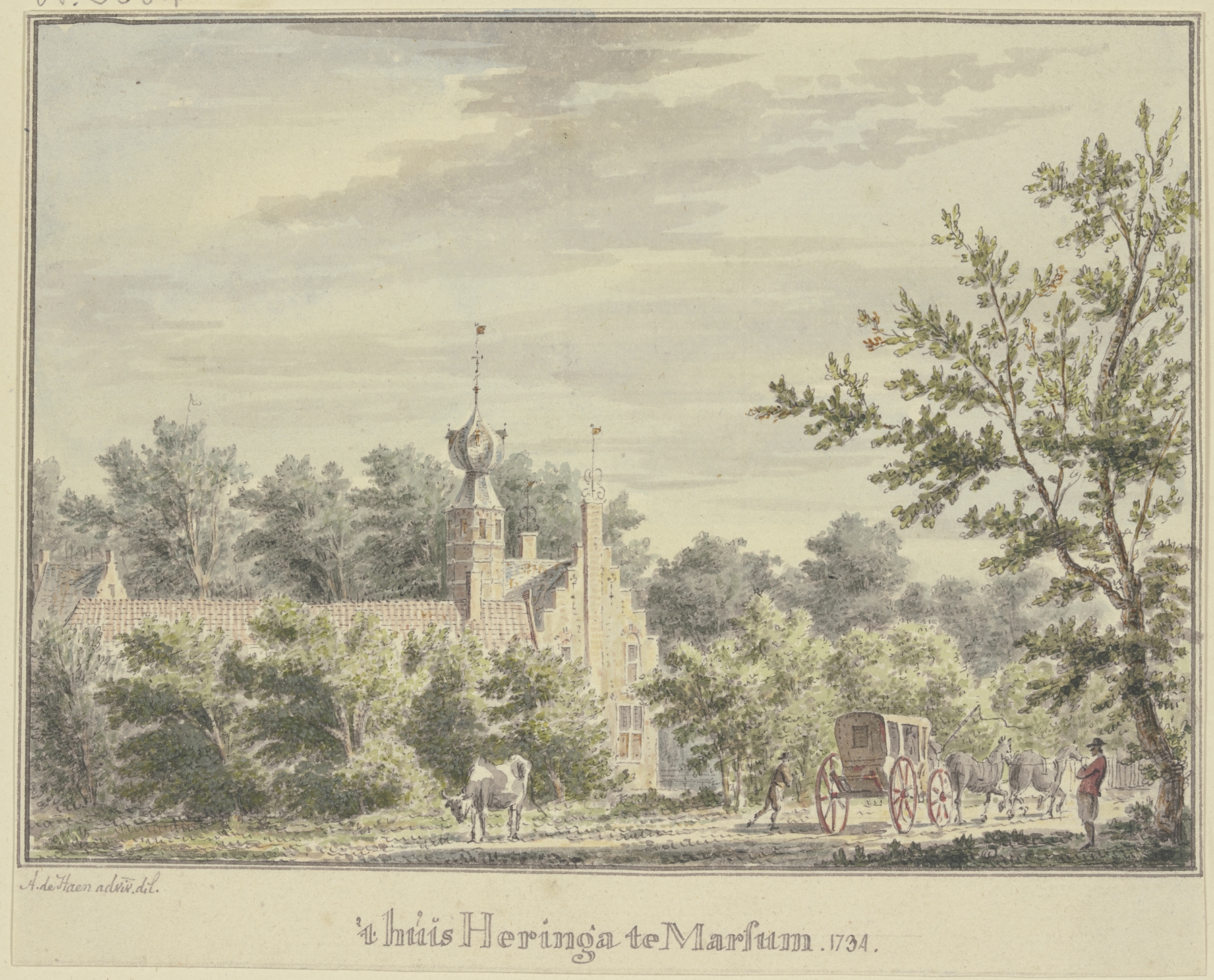 Huis Heringa te Marsum by Abraham de Haen the Younger, oil painting depicting a house and landscape.
