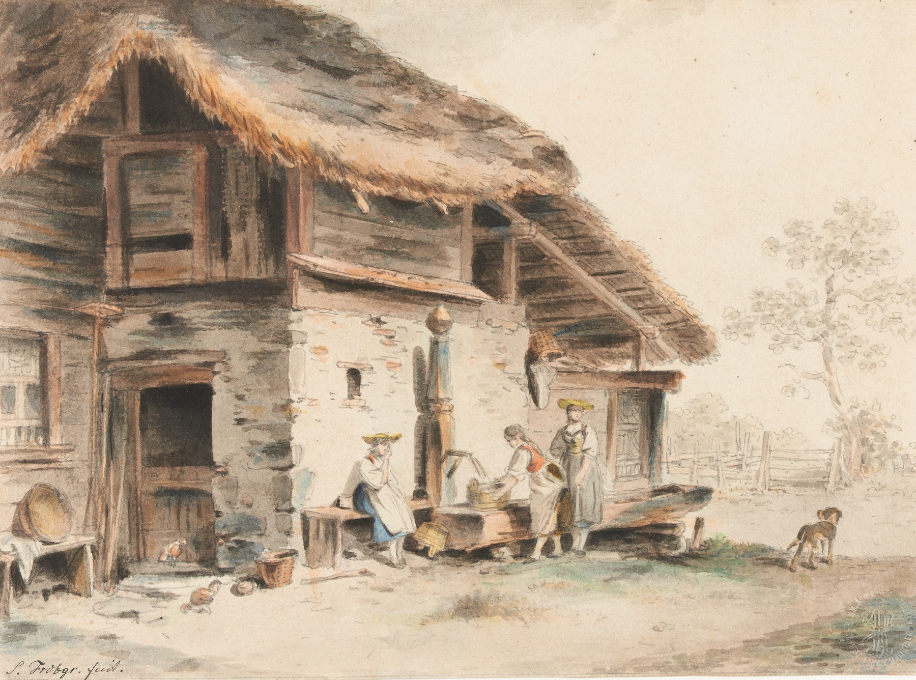 Oil painting by Sigmund Freudenberger featuring a farmhouse in a landscape.
