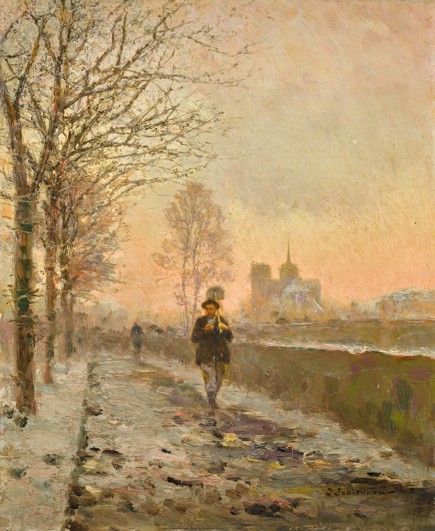 Landscape of Quai de la Tournelle, Paris by Ivan Pavlovich Pokhitonov, oil painting featuring twilight reflections.