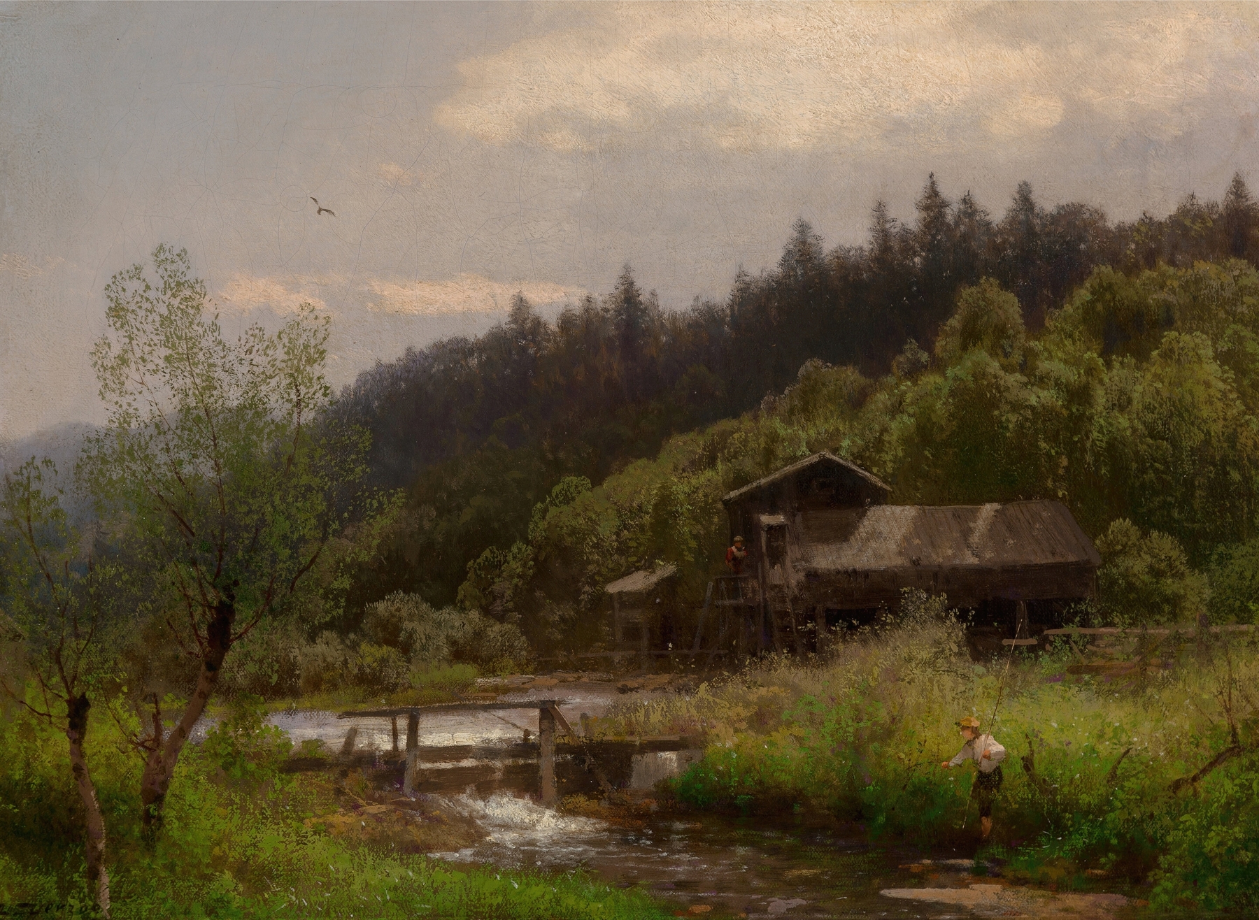 Realism oil painting by Hermann Ottomar Herzog depicting a farmhouse by a creek