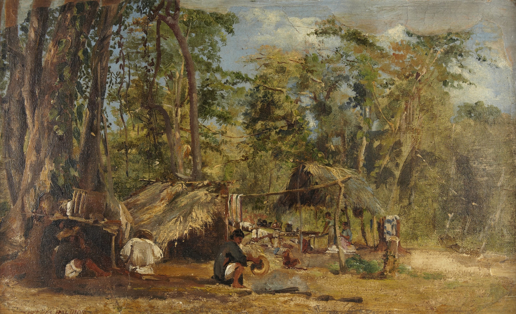 Landscape with camp structures and golden light, oil painting by Conrad Wise Chapman