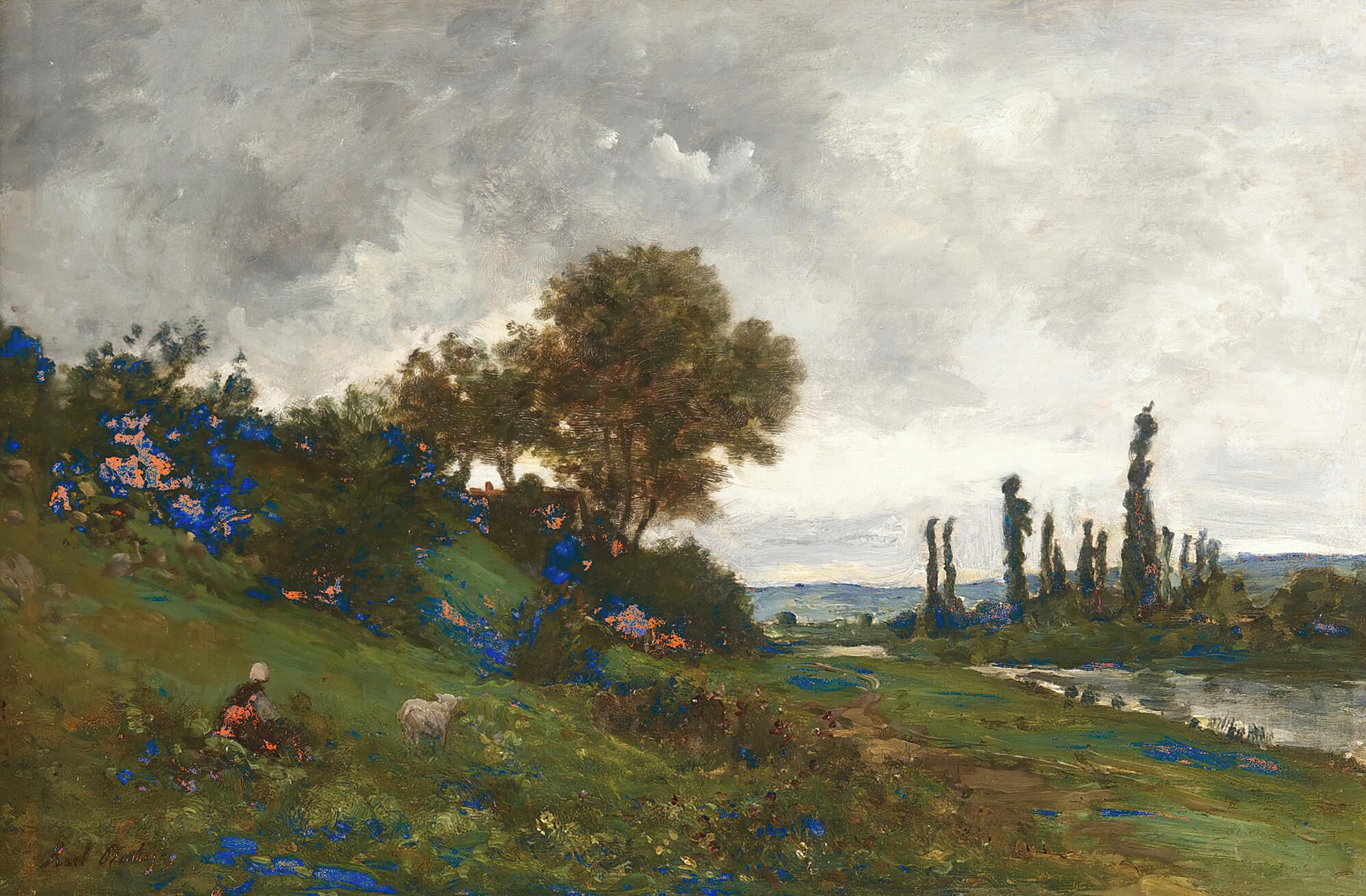 Oil on canvas by Karl Daubigny depicting a shepherdess by a riverbank