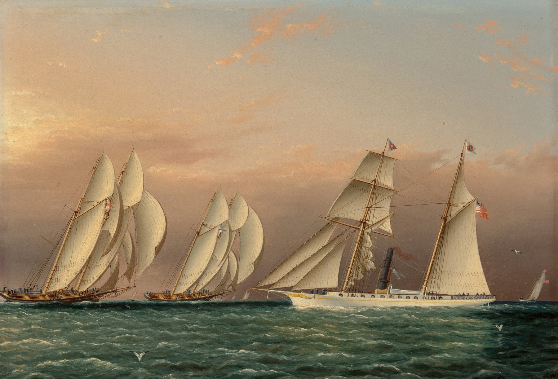 The Yacht EMILY of the New York Yacht Club Observing a Stakes Race between the Schooners DREADNOUGHT and COLUMBIA, by James Edward Buttersworth, public domain