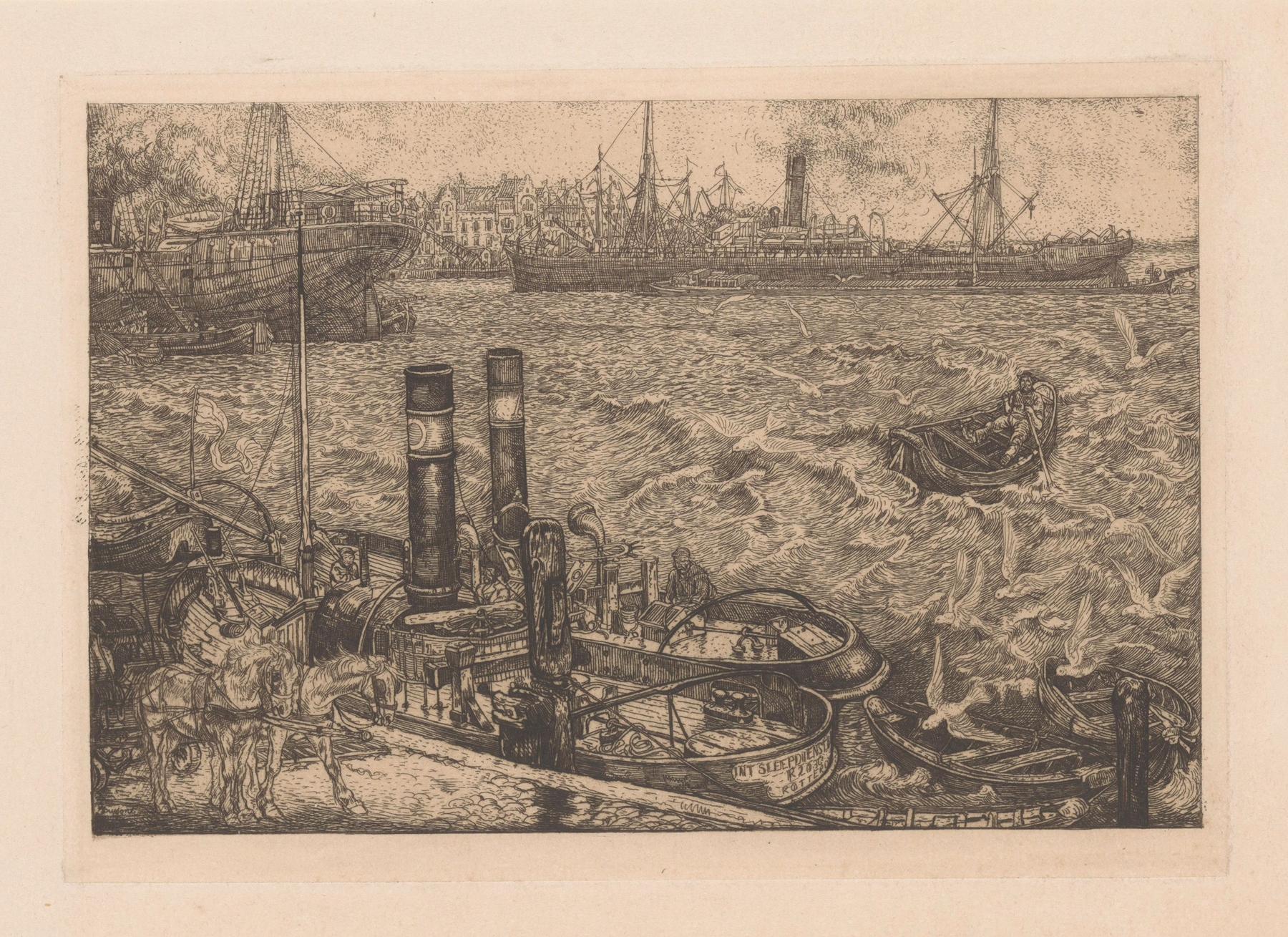 Marine scene with boats in harbor, oil painting by Pieter Dupont