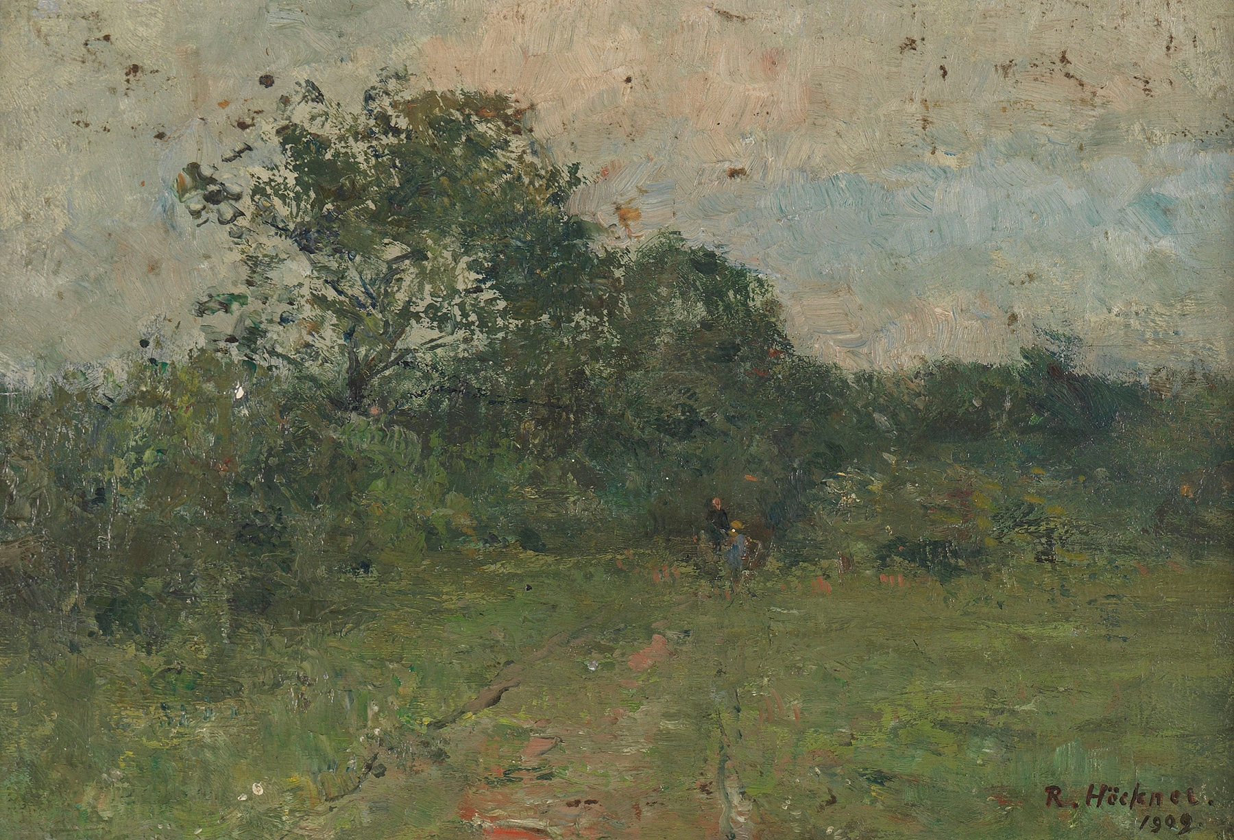 Landschaft mit kleinen Gestalten by Rudolf Höckner, depicting a landscape with delicate figures and trees, medium unknown.