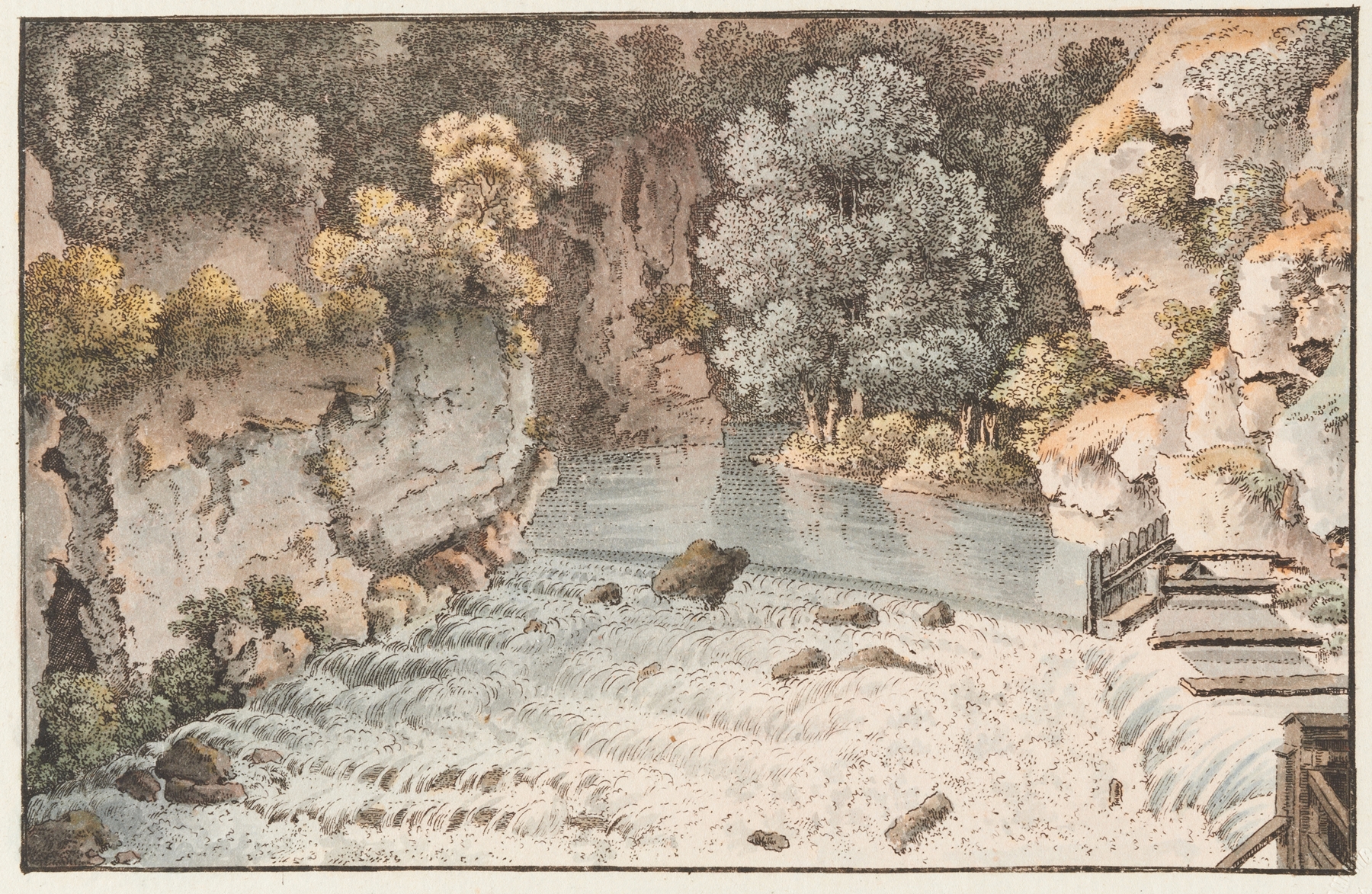 Landscape engraving by Johann Ludwig Aberli depicting serene hills and water.