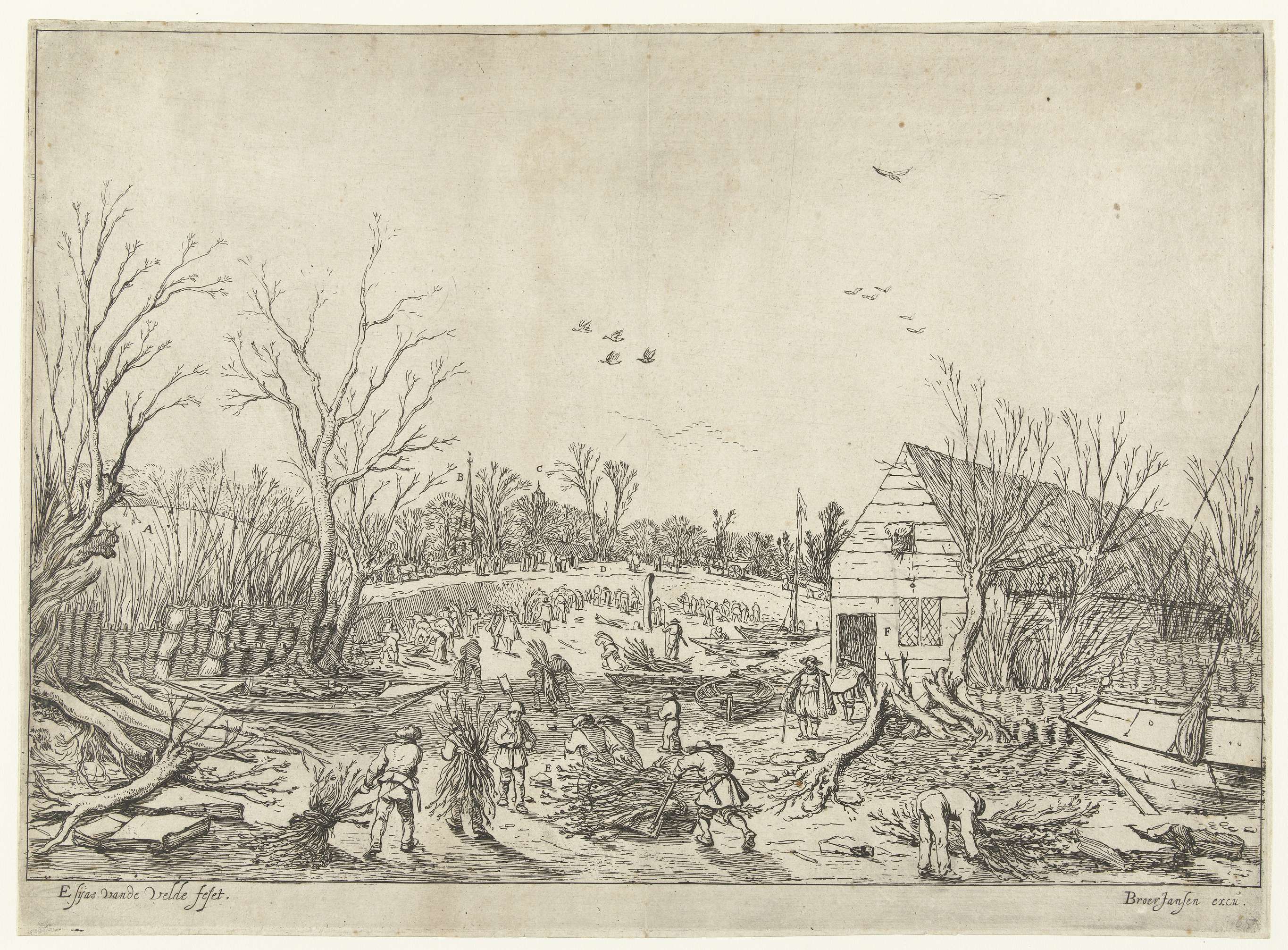 Restoration scene of Lekdijk by Esaias van de Velde, etching