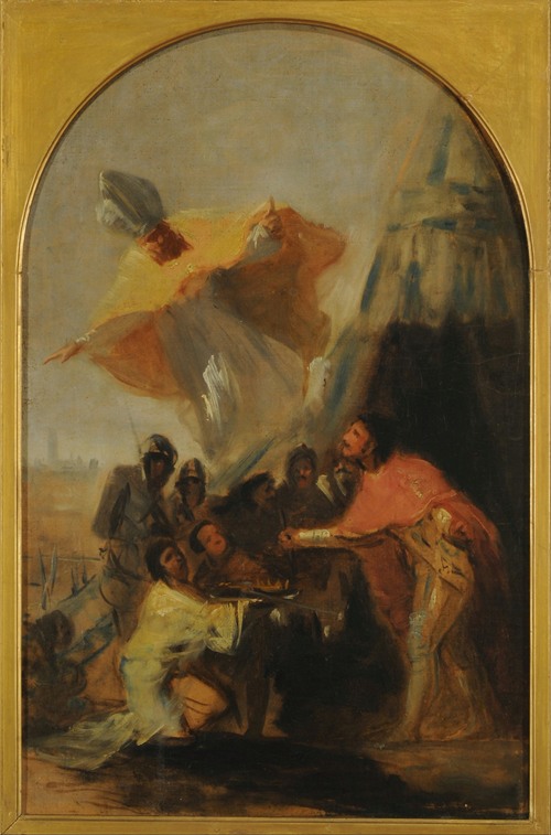 The painting depicts Saint Isidore appearing to King Ferdinand before the walls of Seville.