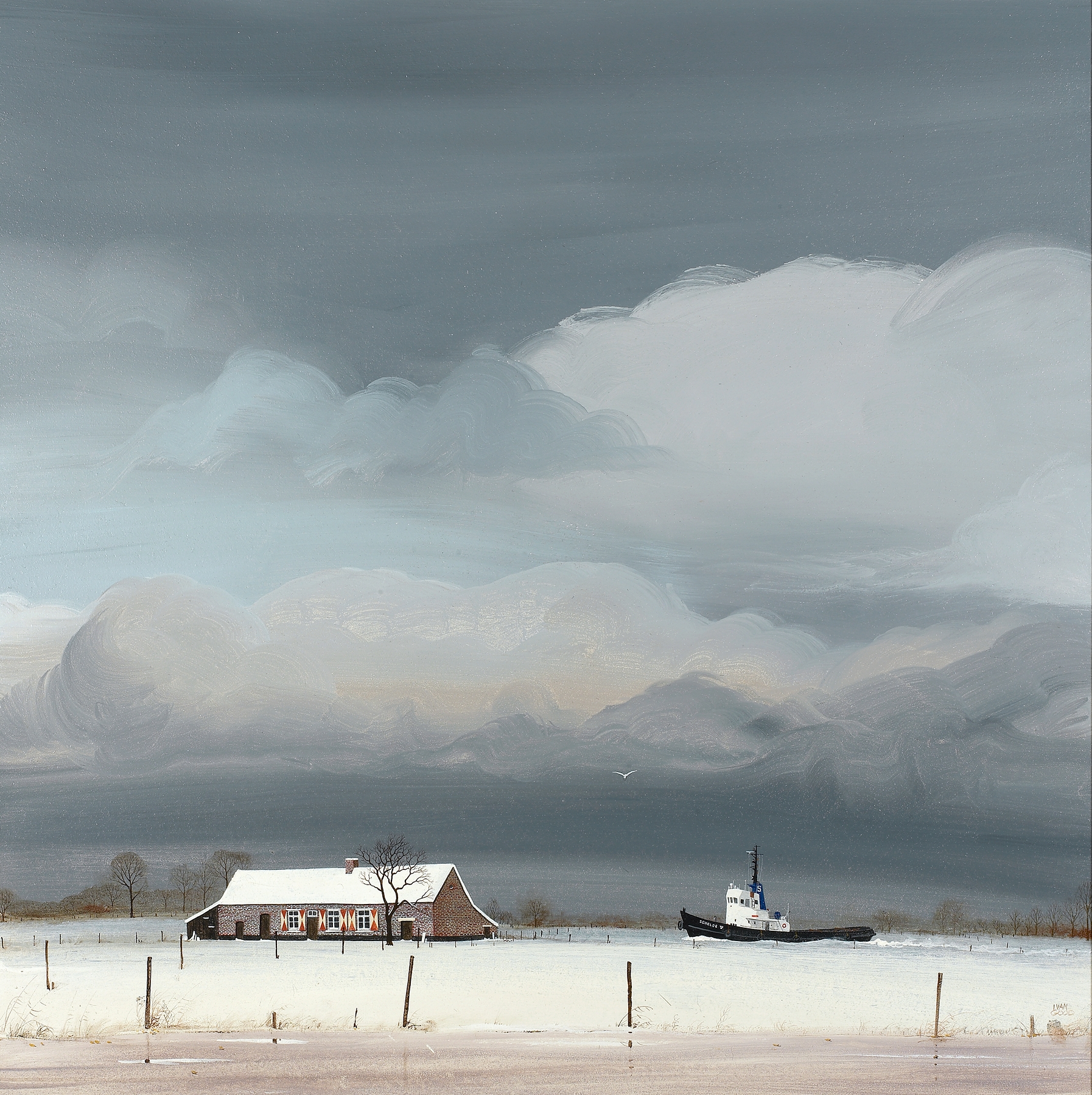 Landscape depicting a farm and boat by Ivan Good, Romanticism