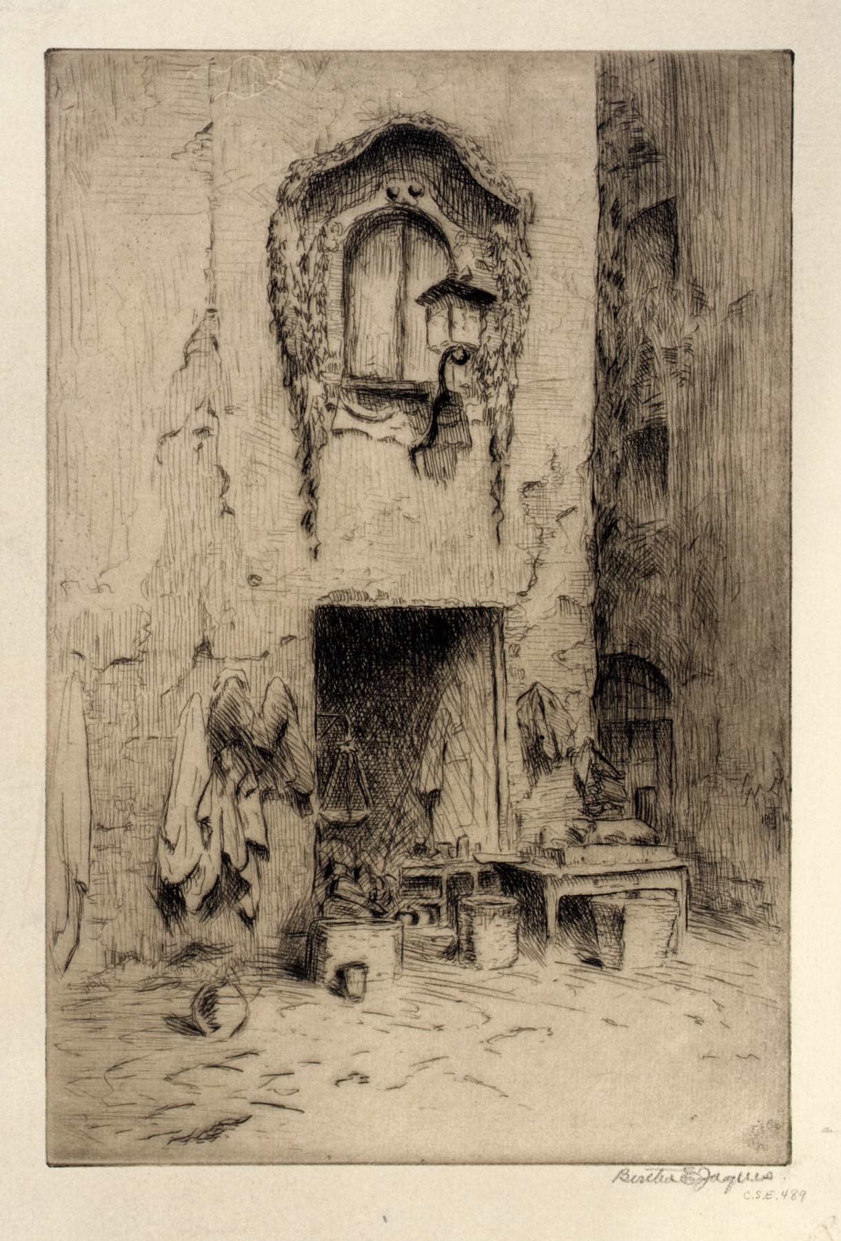 Interior scene depicting a ragpicker's shop with muted tones by Bertha Jaques