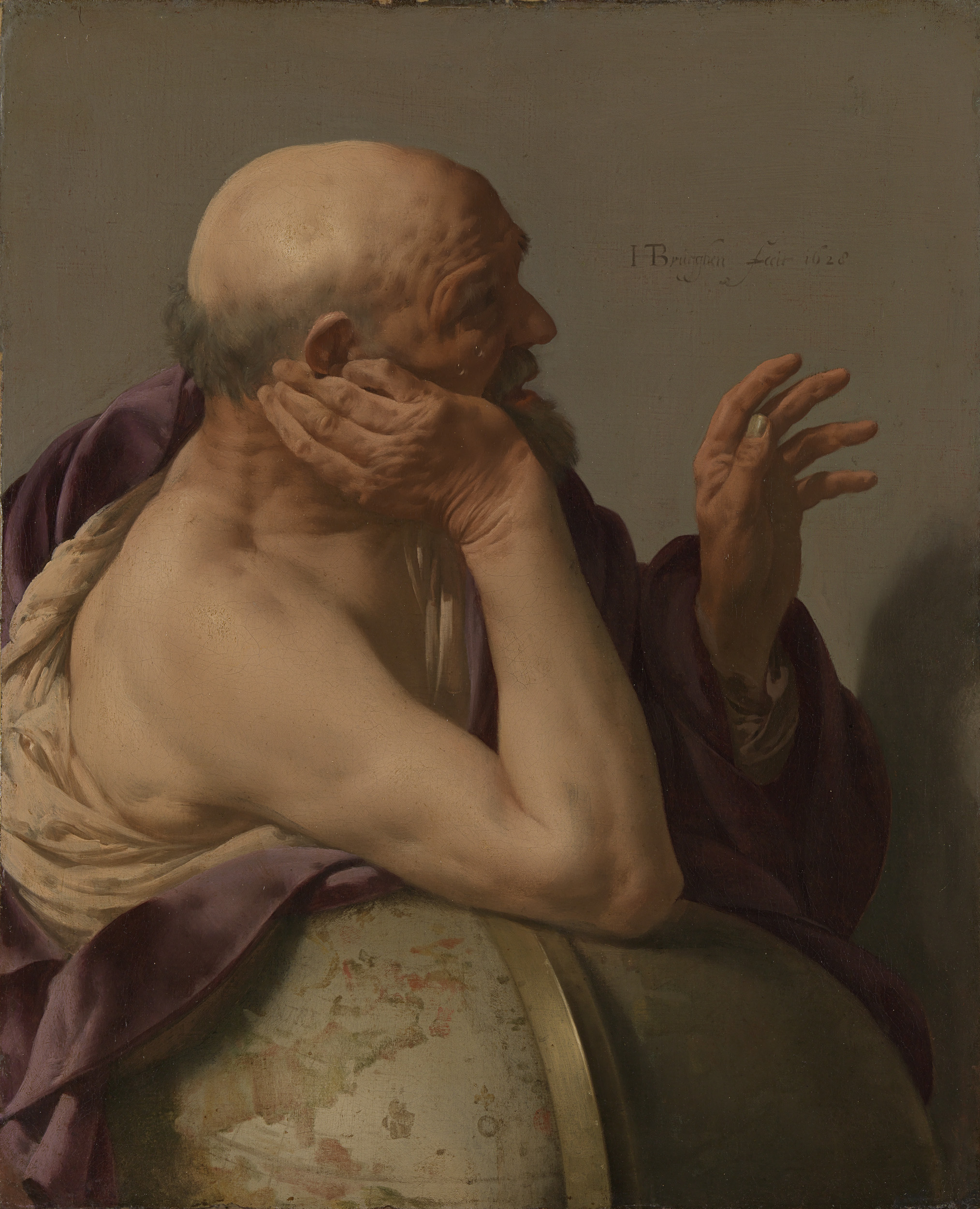Heraclitus, an oil painting by Hendrick ter Brugghen, shows a philosopher with a globe and a melancholic expression.