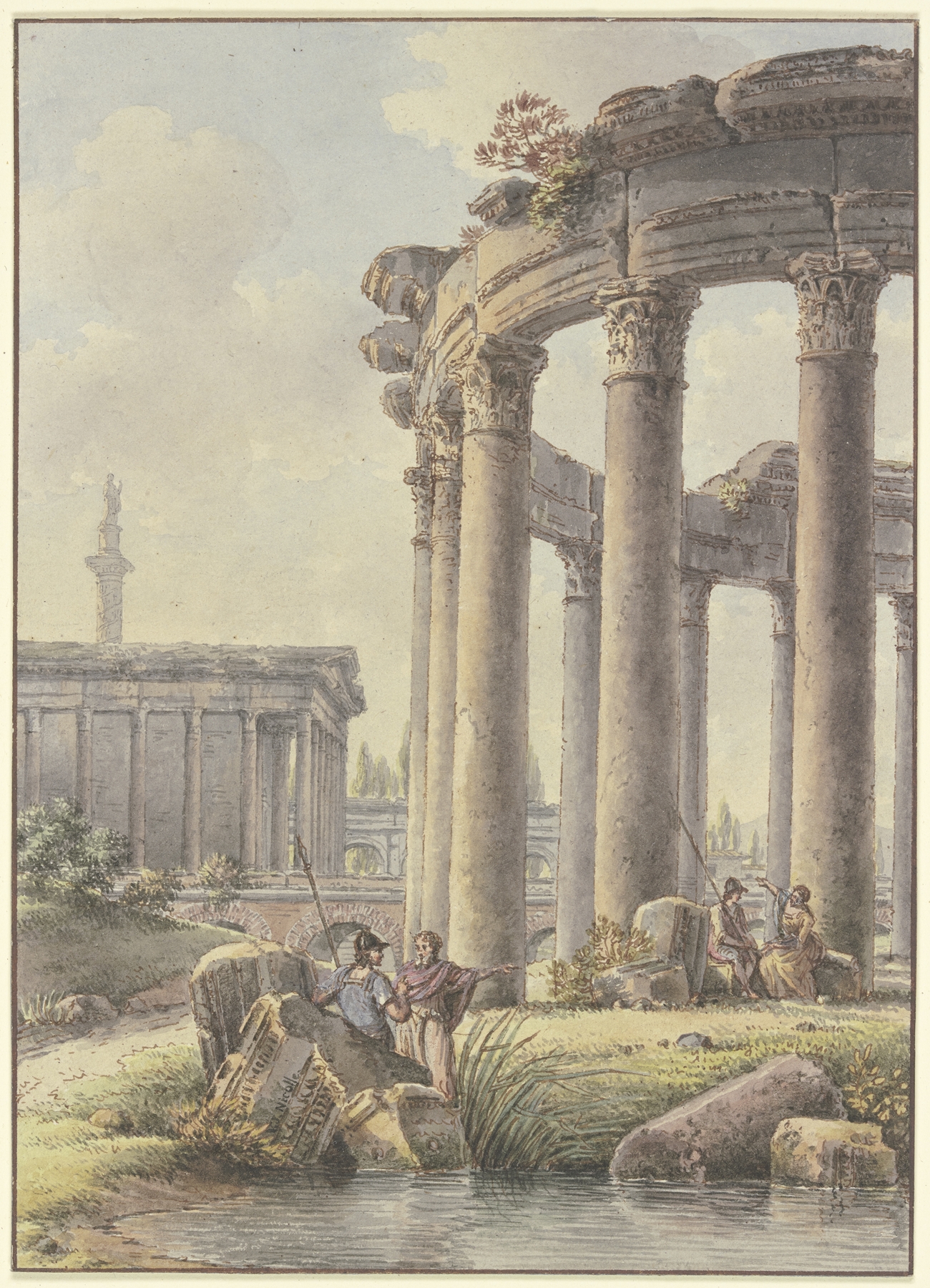 ink on paper by Victor-Jean Nicolle depicting ruins of a round temple and Trajan's Column