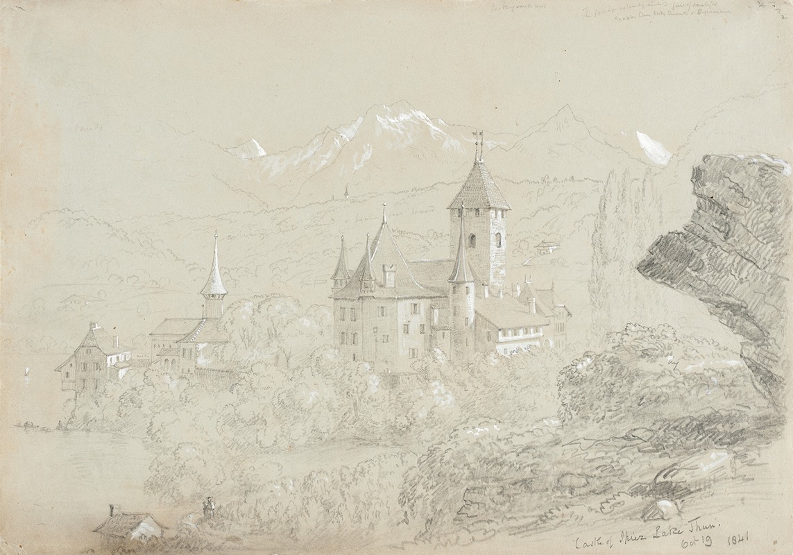 A scenic view of the Castle of Spiez by Thomas Cole, showcasing a serene lakeside landscape.