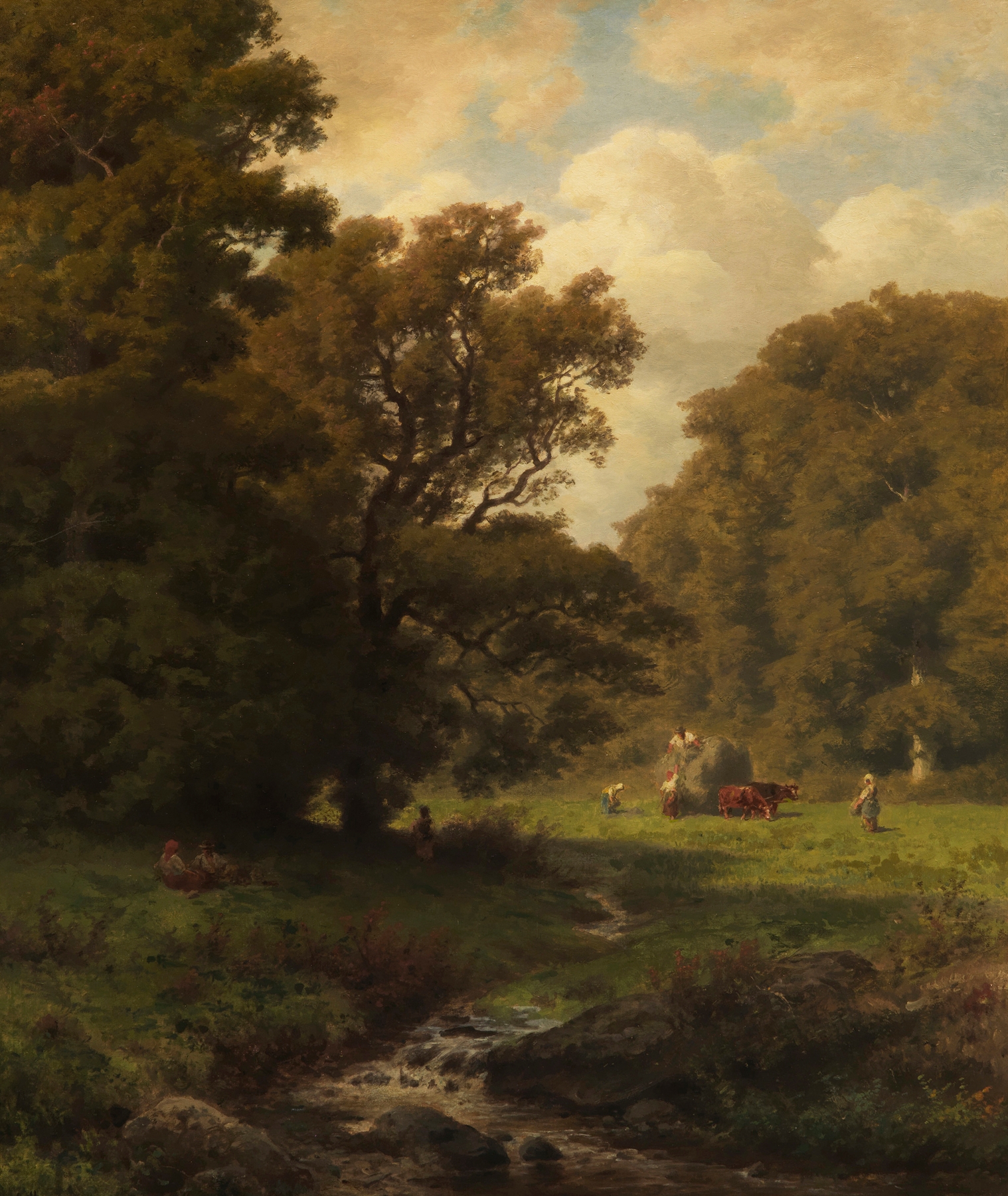 Heuernte im Süßen Gründchen bei Mammolshain by Jakob Maurer, oil painting depicting a golden field and laborers.