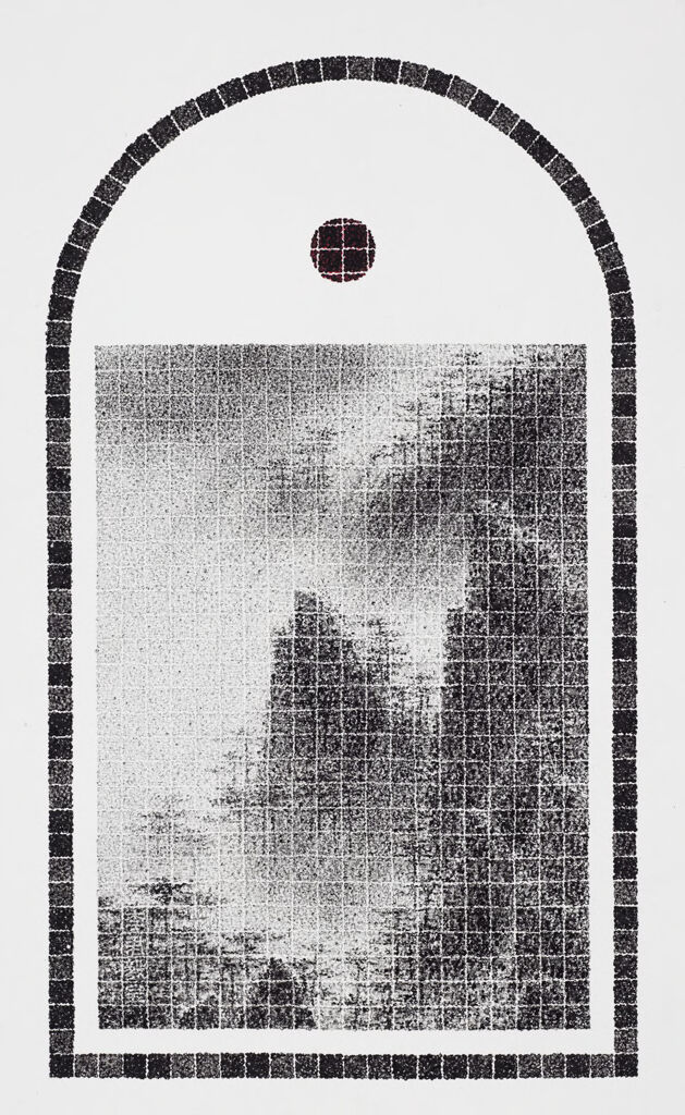 Rain-Swept Peaks, ink on paper by Lee Chun-Yi depicting a stormy mountain landscape