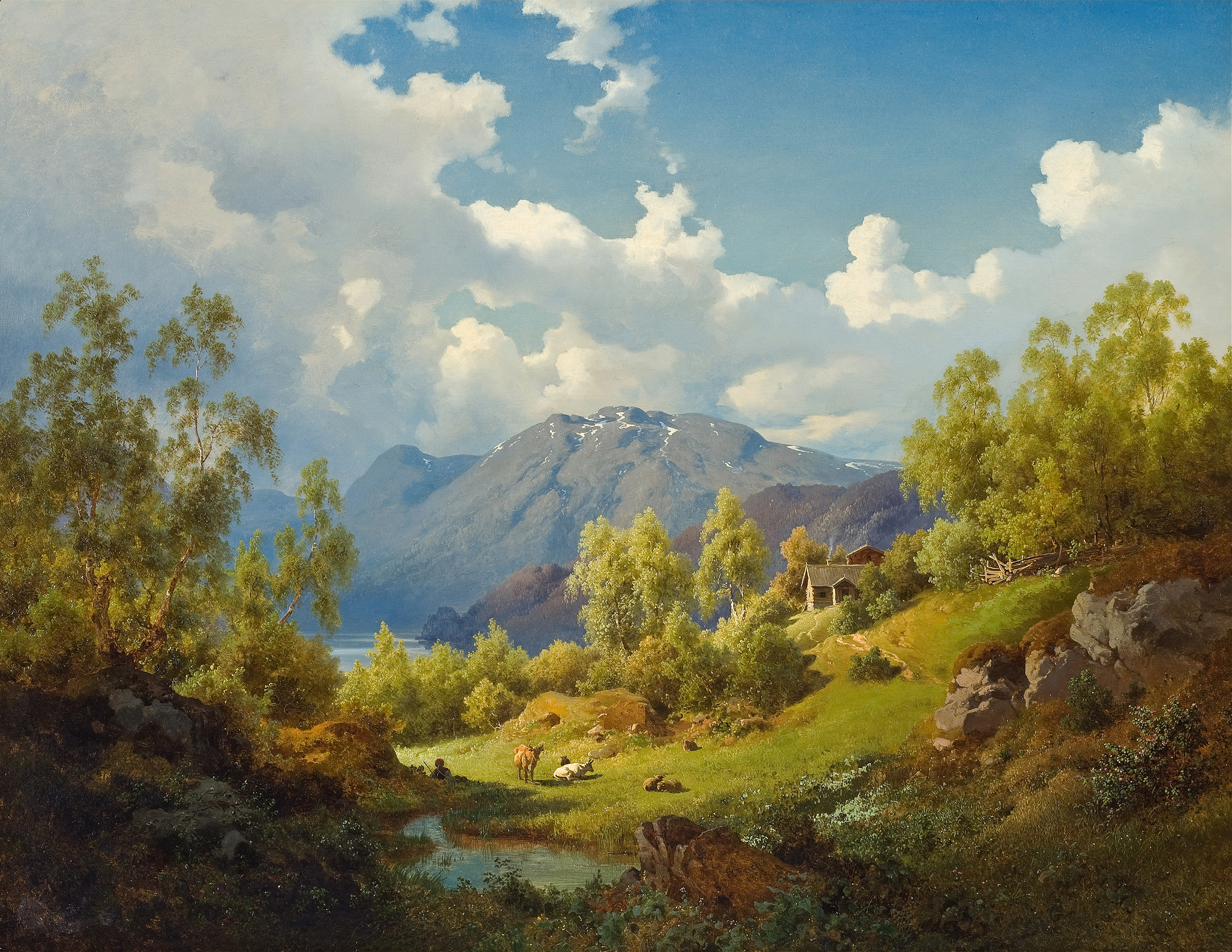 Landscape by Joachim Frich, oil painting depicting a serene valley with rolling hills and blue sky.