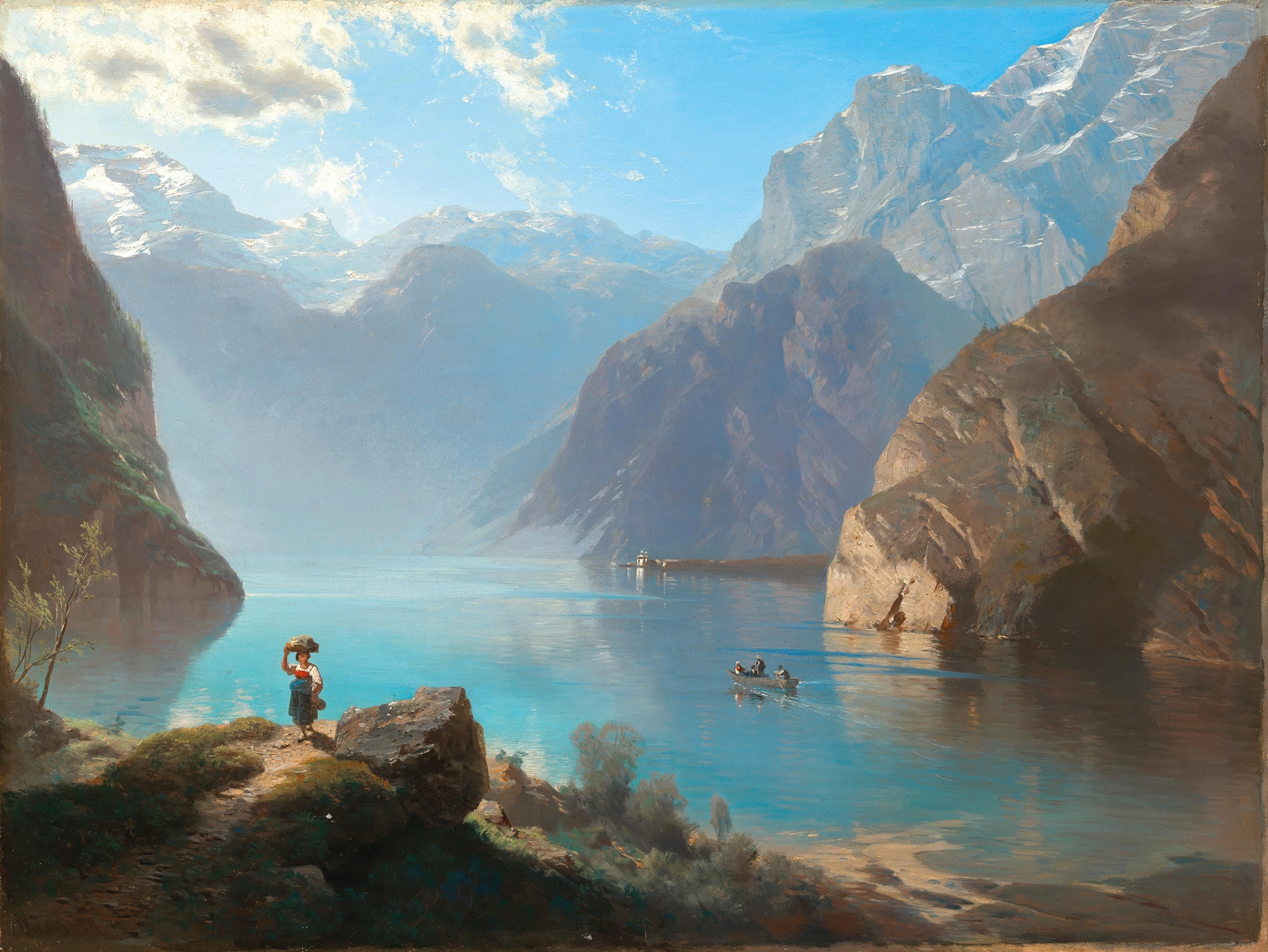 Lake Königssee landscape with mountains, oil painting by Leopold Heinrich Vöscher
