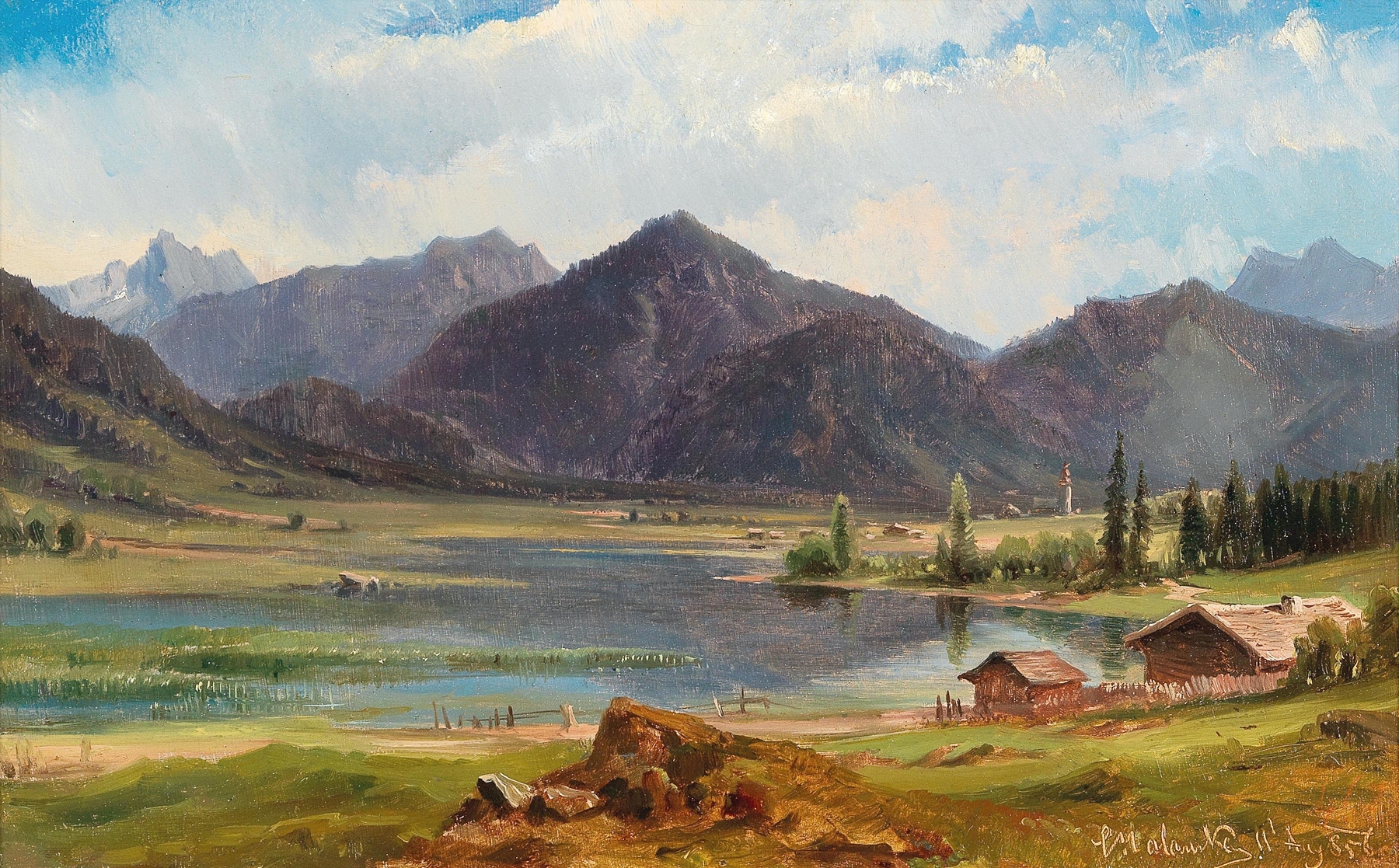 The Plansee in Tyrol by Ludwig Halauska, oil on canvas, tranquil lake and mountains