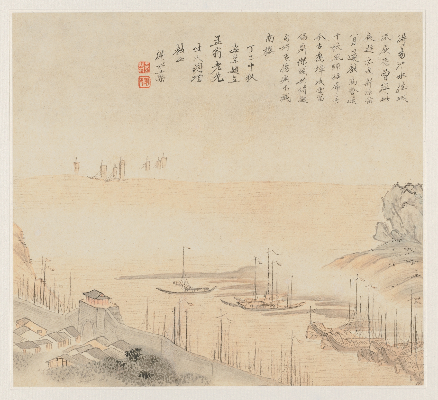 Landscape by Wang Gai, depicting gentle hills and soft greens, Chinese Traditional medium