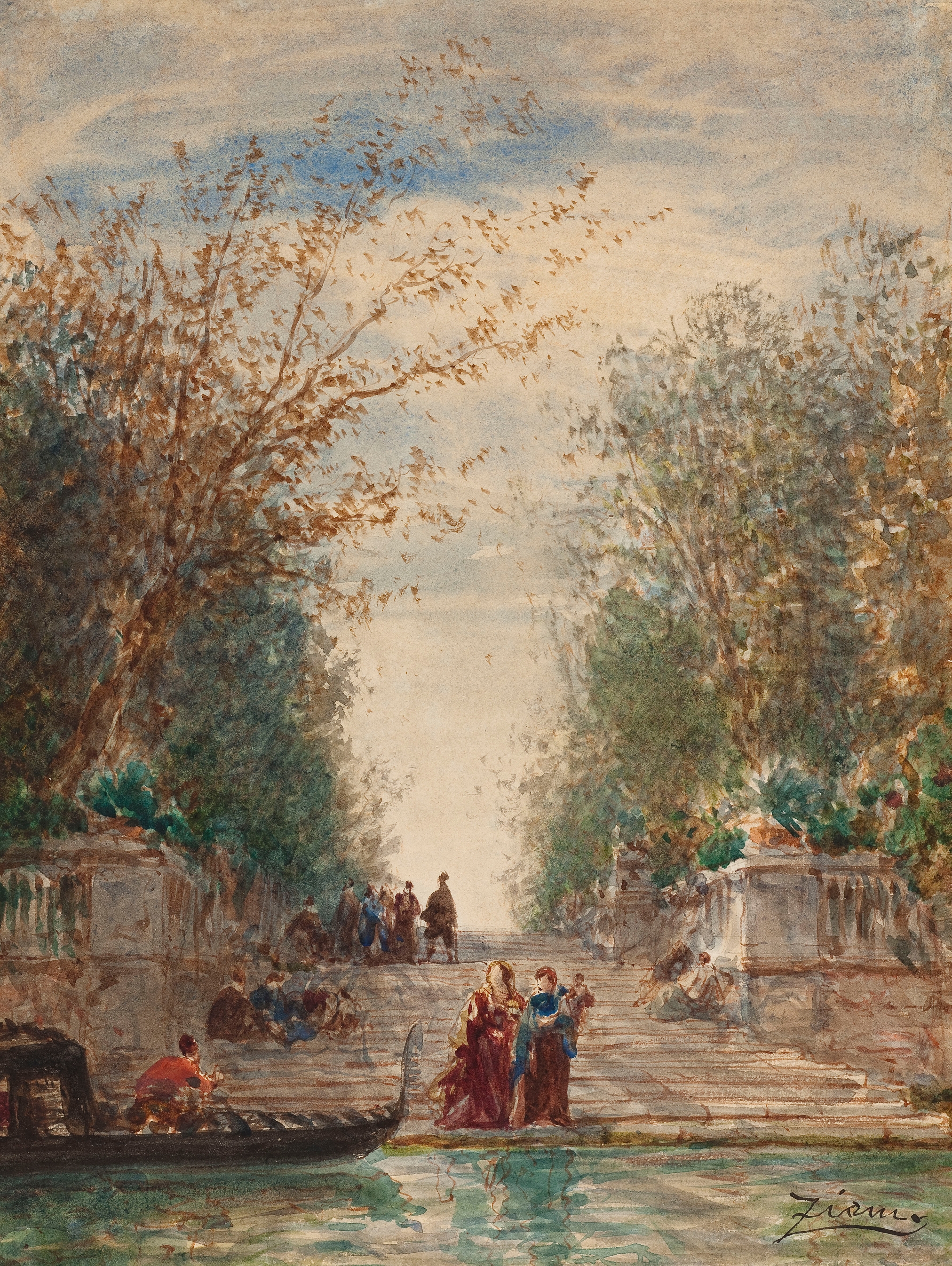 Landscape of a garden archway under a blue sky by Félix Ziem, oil painting