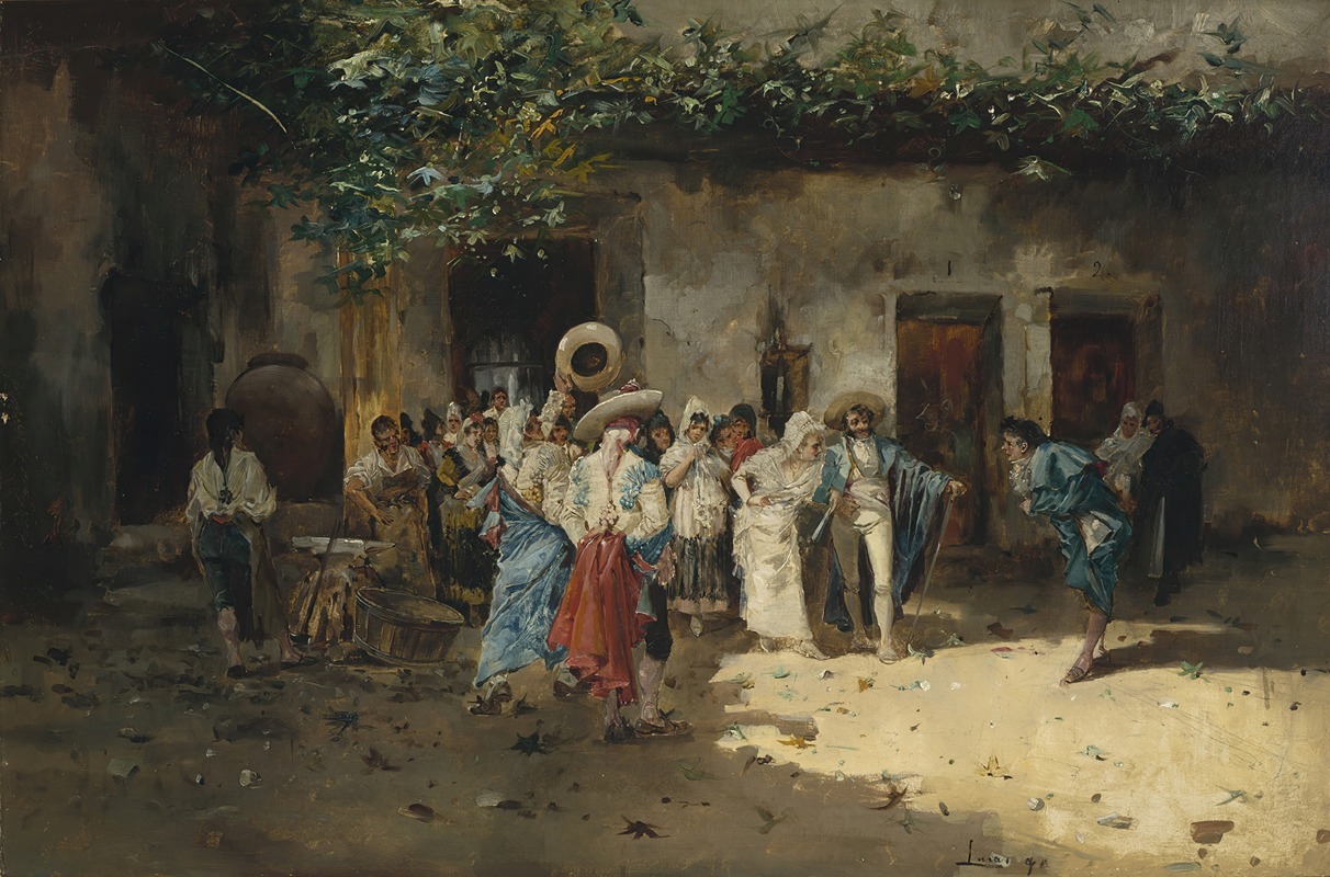 A lively depiction of a village reception scene.