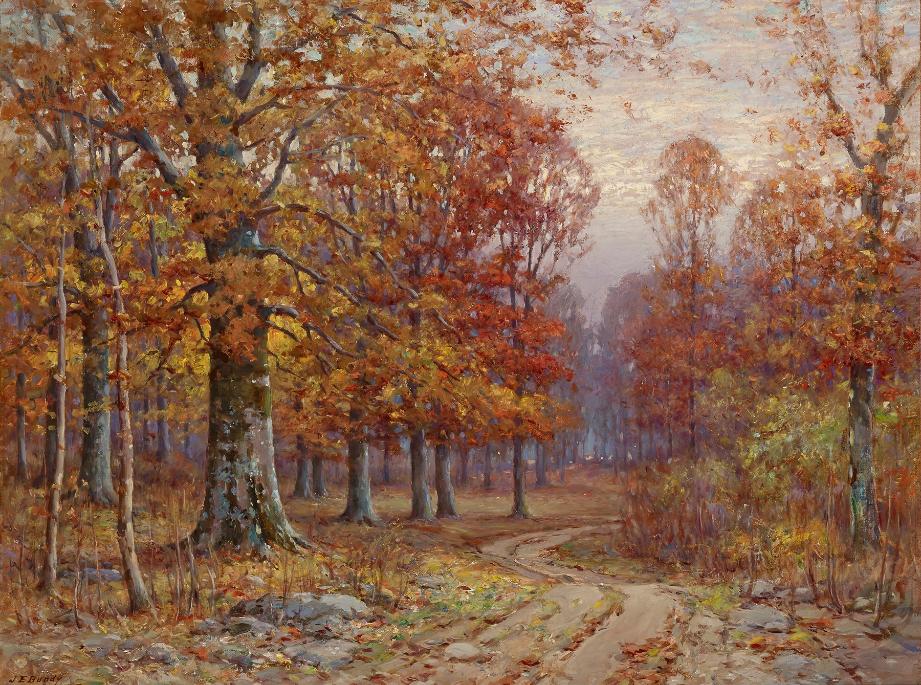 Woods Interior by John Elwood Bundy, oil painting depicting a serene forest with dappled light and shadows.