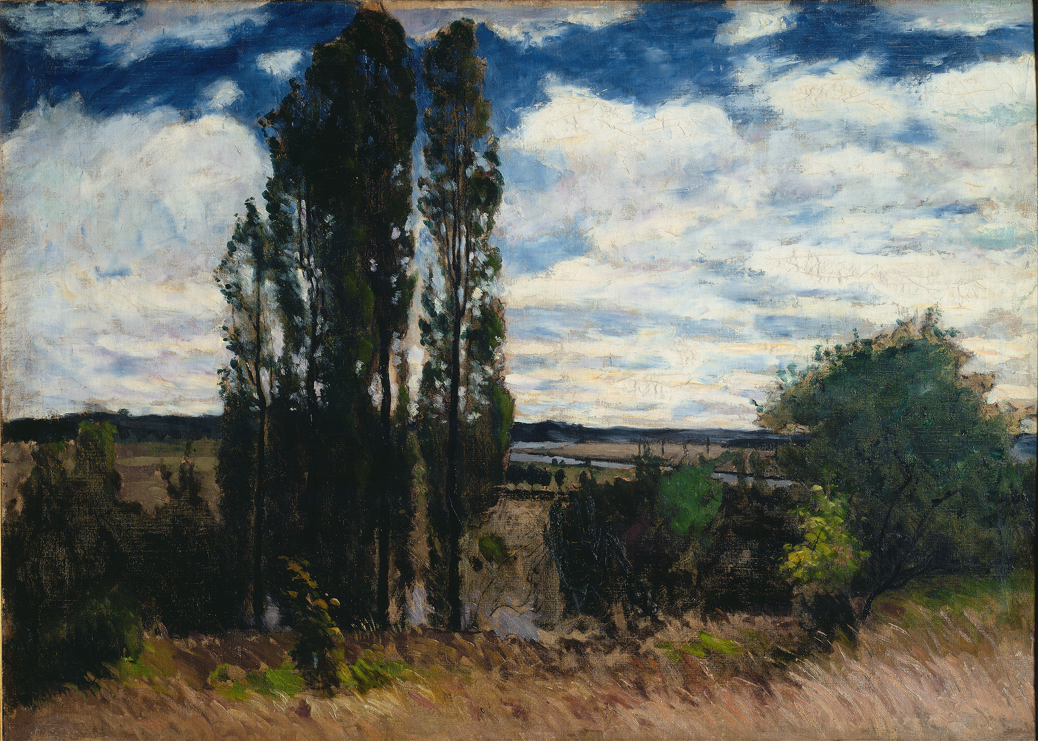 Seine. Landscape with Poplars by Carl Fredrik Hill, oil painting depicting poplar trees by a river.