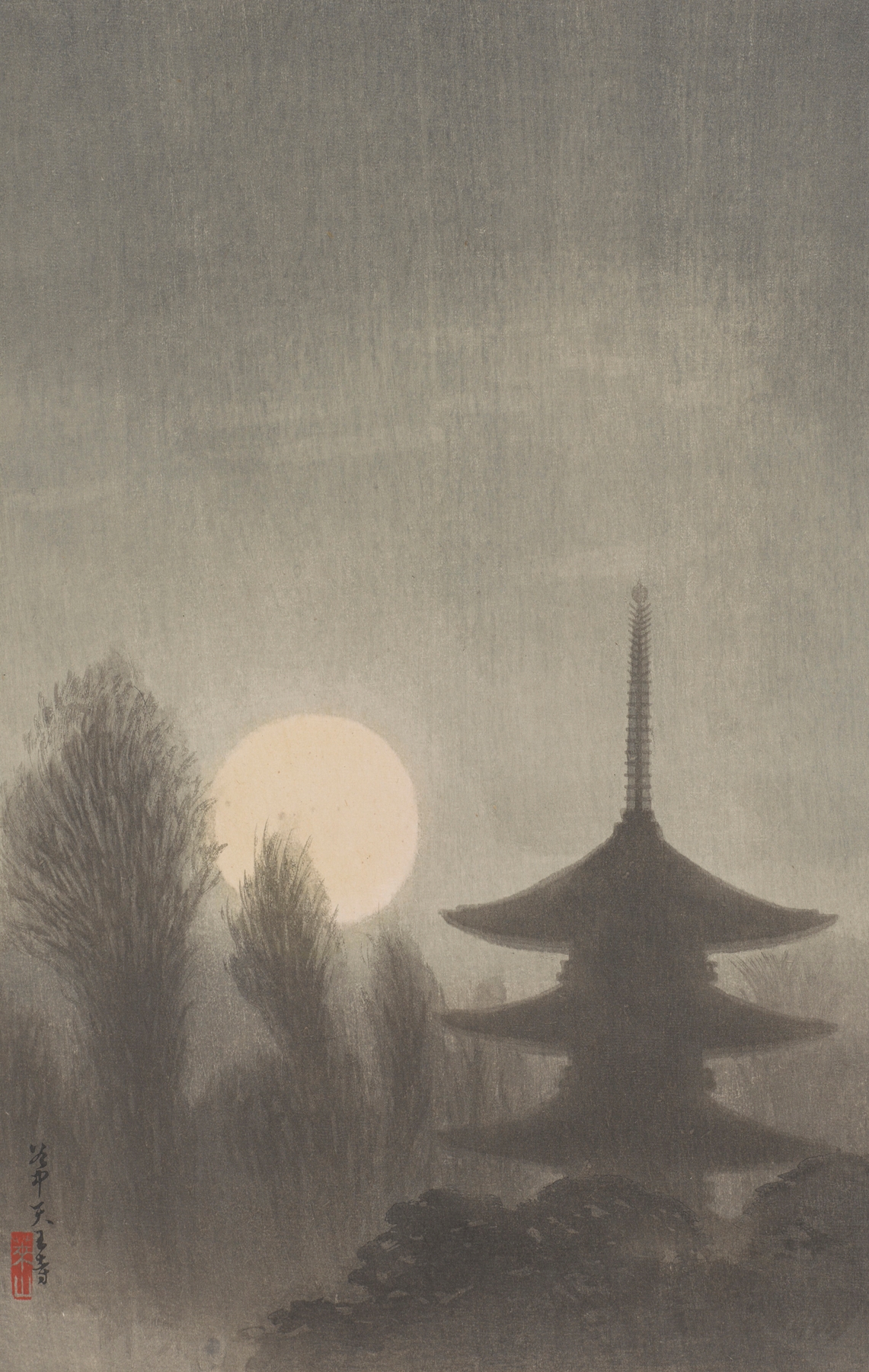 Landscape with soft greens and browns, ink on paper by Negoro Raizan