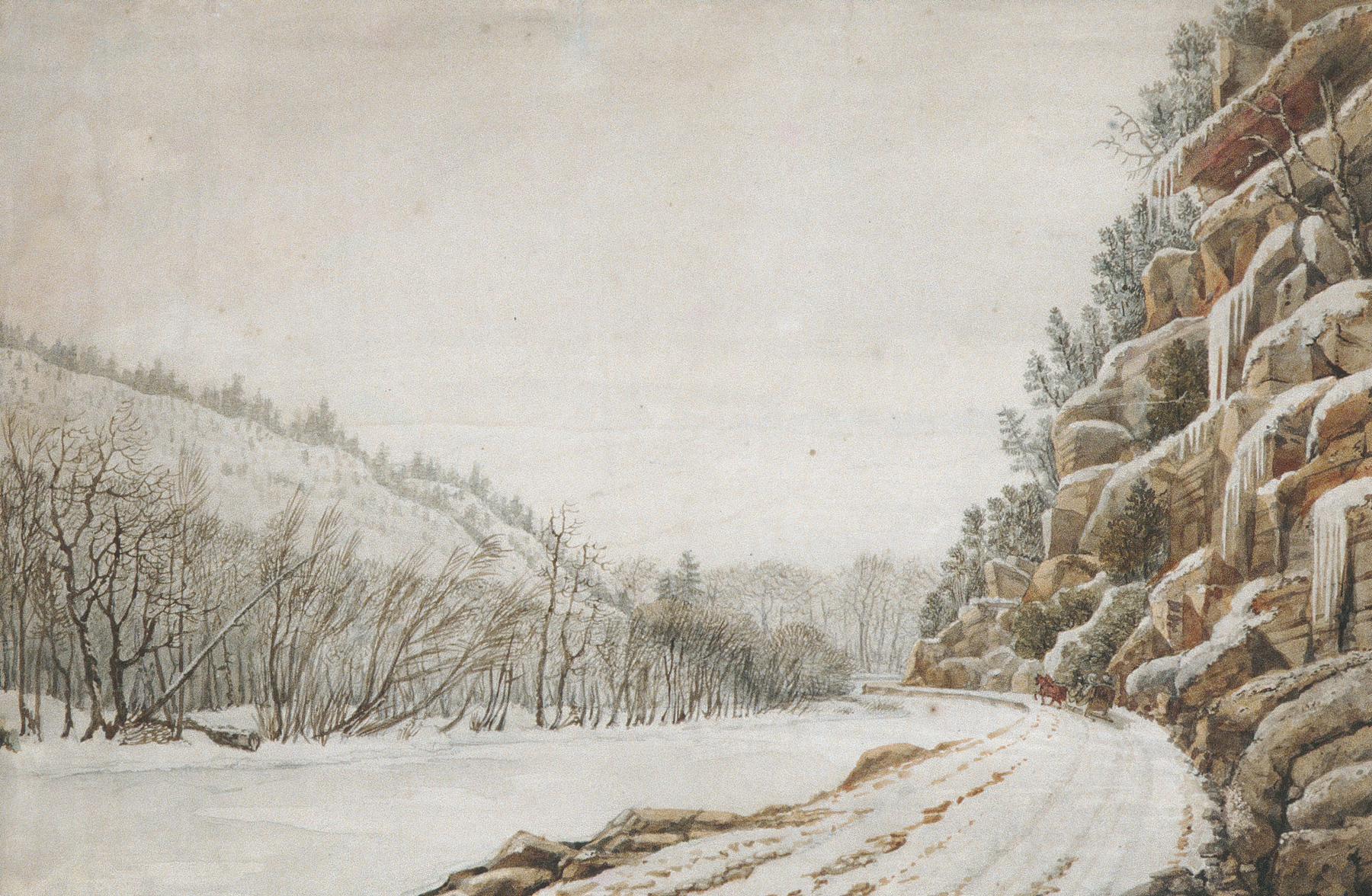 Landscape oil painting by Benjamin Henry Latrobe featuring a winding road and distant mountains.