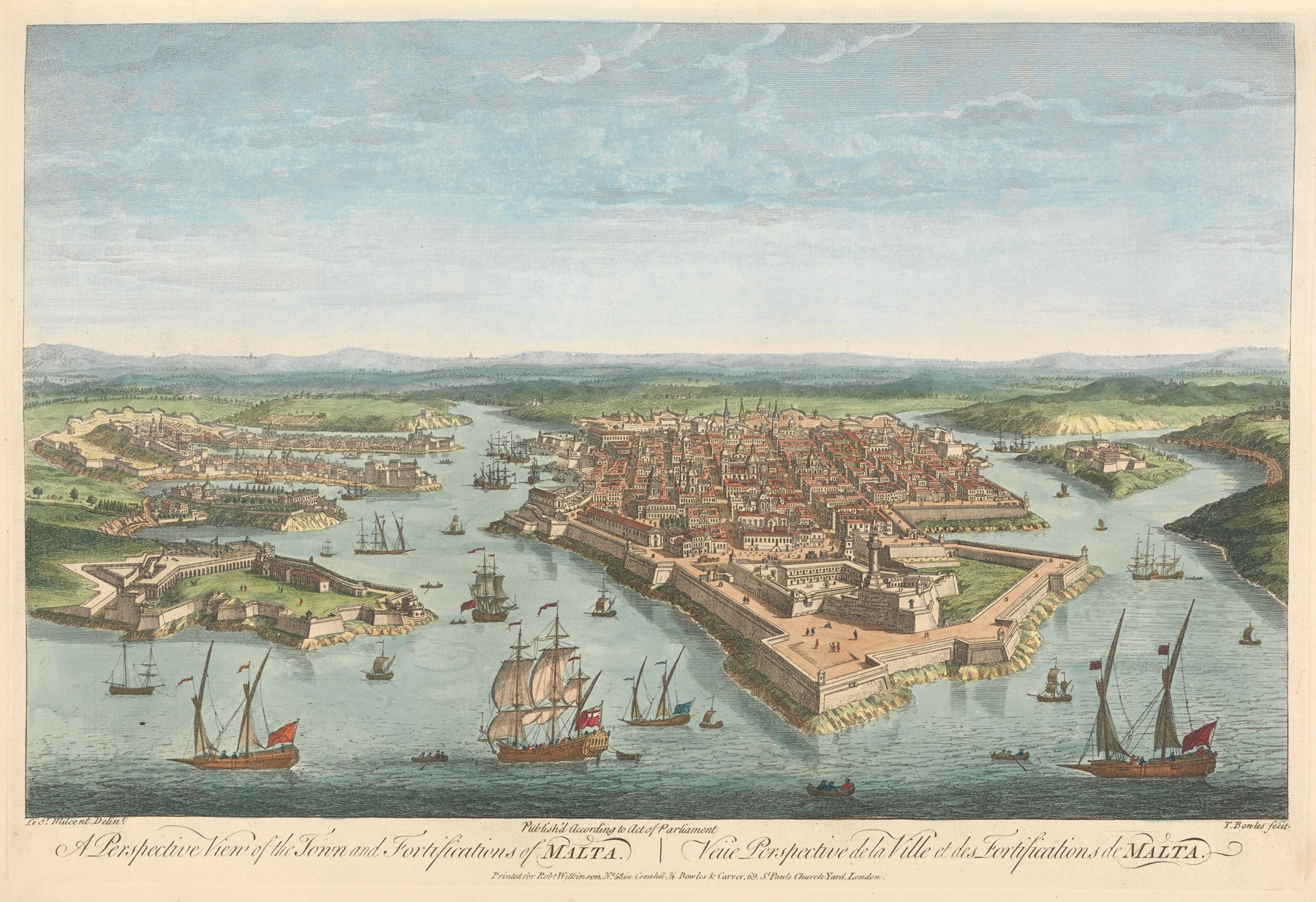 Engraving by Thomas Bowles III depicting a fortified town and coastline