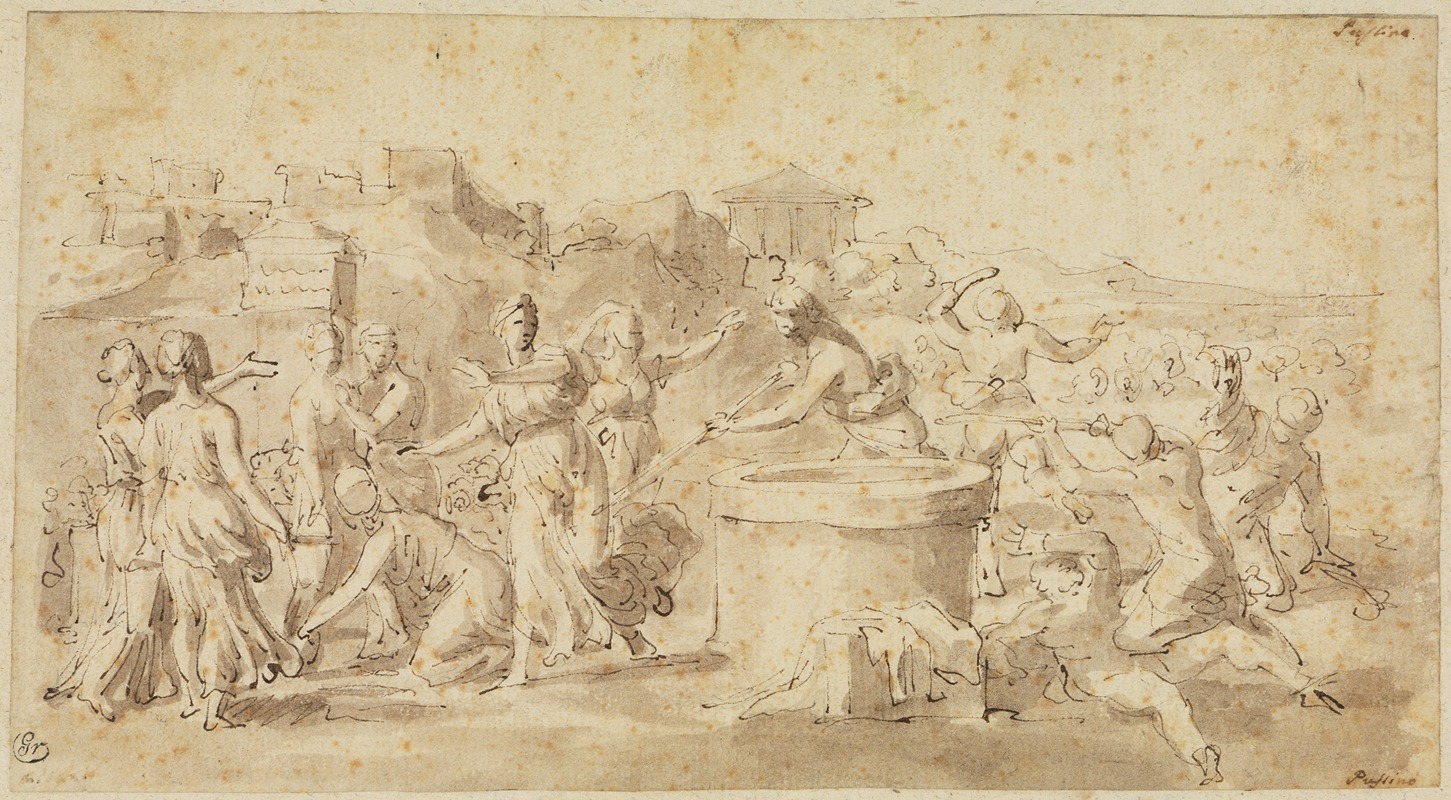 Nicolas Poussin's painting depicts Moses defending Jethro's daughters at a well.