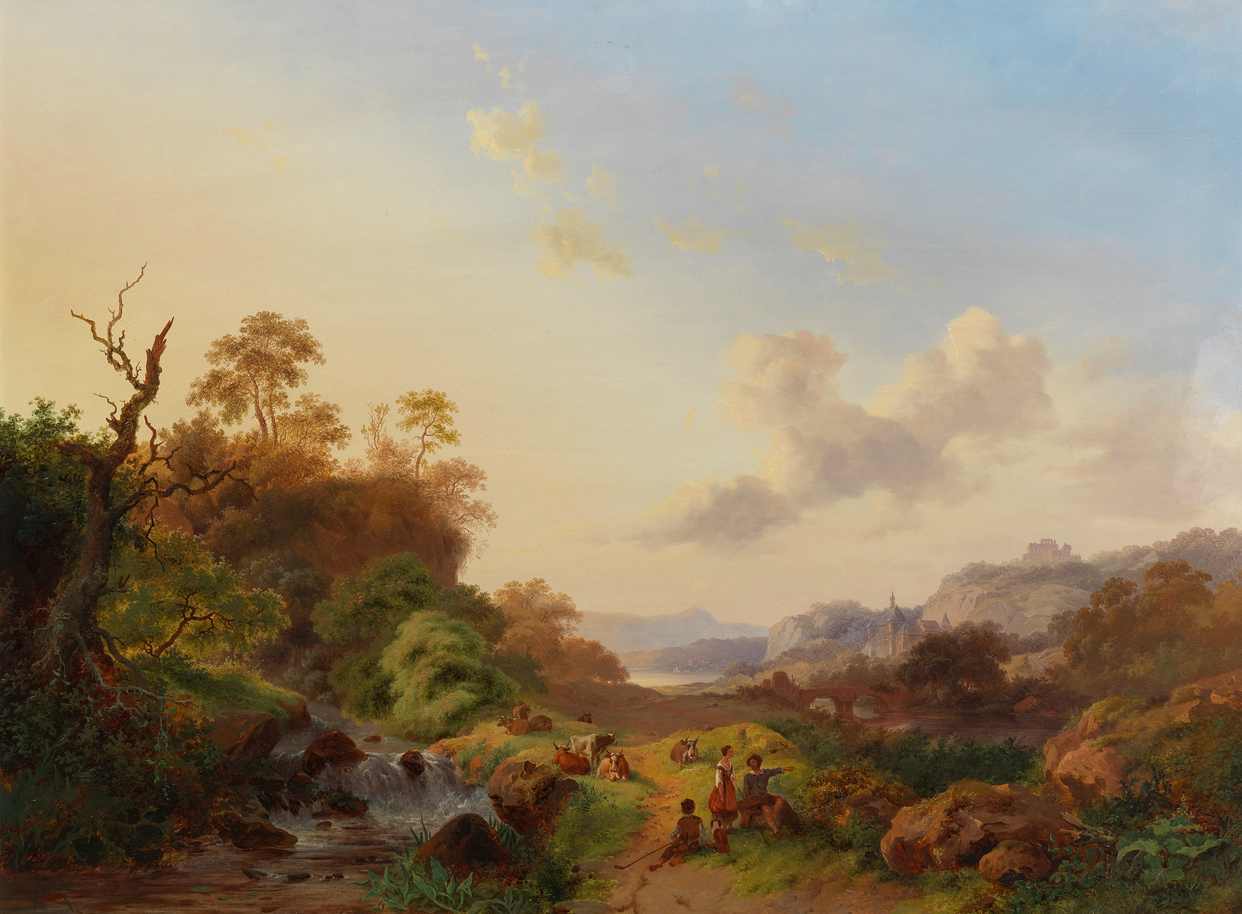Summer landscape with figures and cattle near a waterfall, oil painting by Frederik Marinus Kruseman