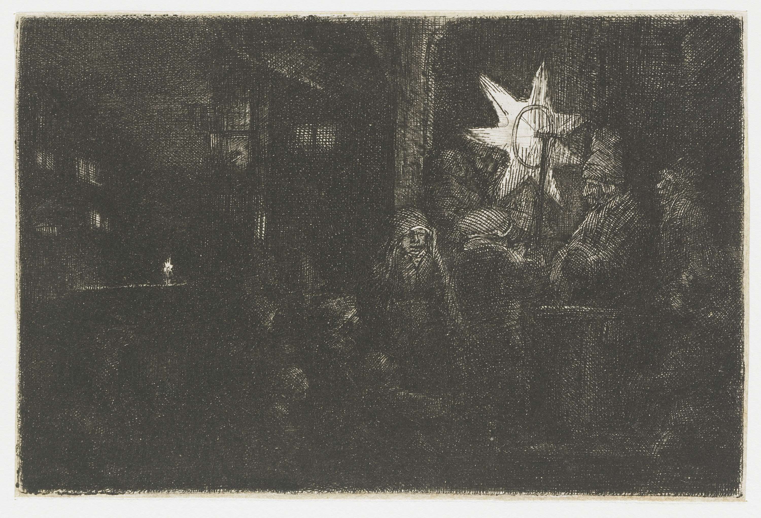 Etching by Rembrandt van Rijn depicting a figure illuminated by stars in darkness