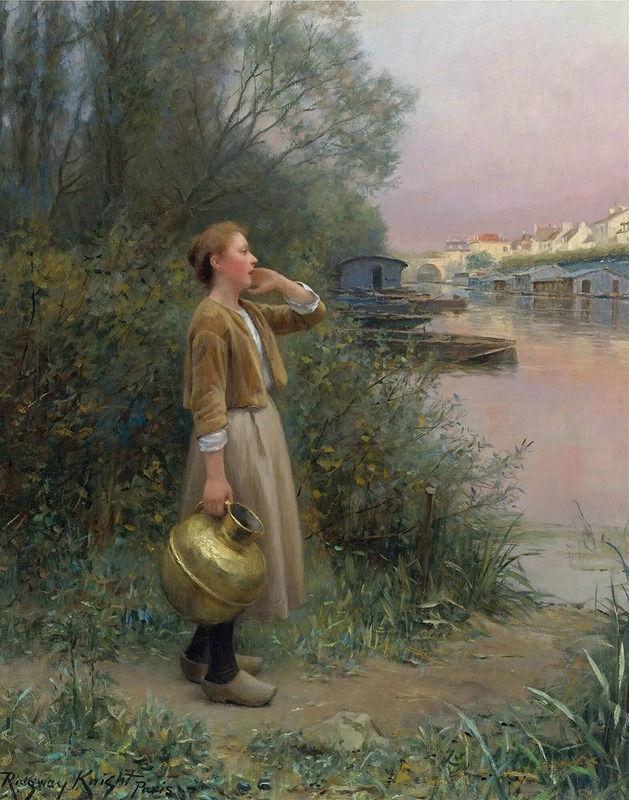 A young girl carrying a water jug in a serene outdoor setting.