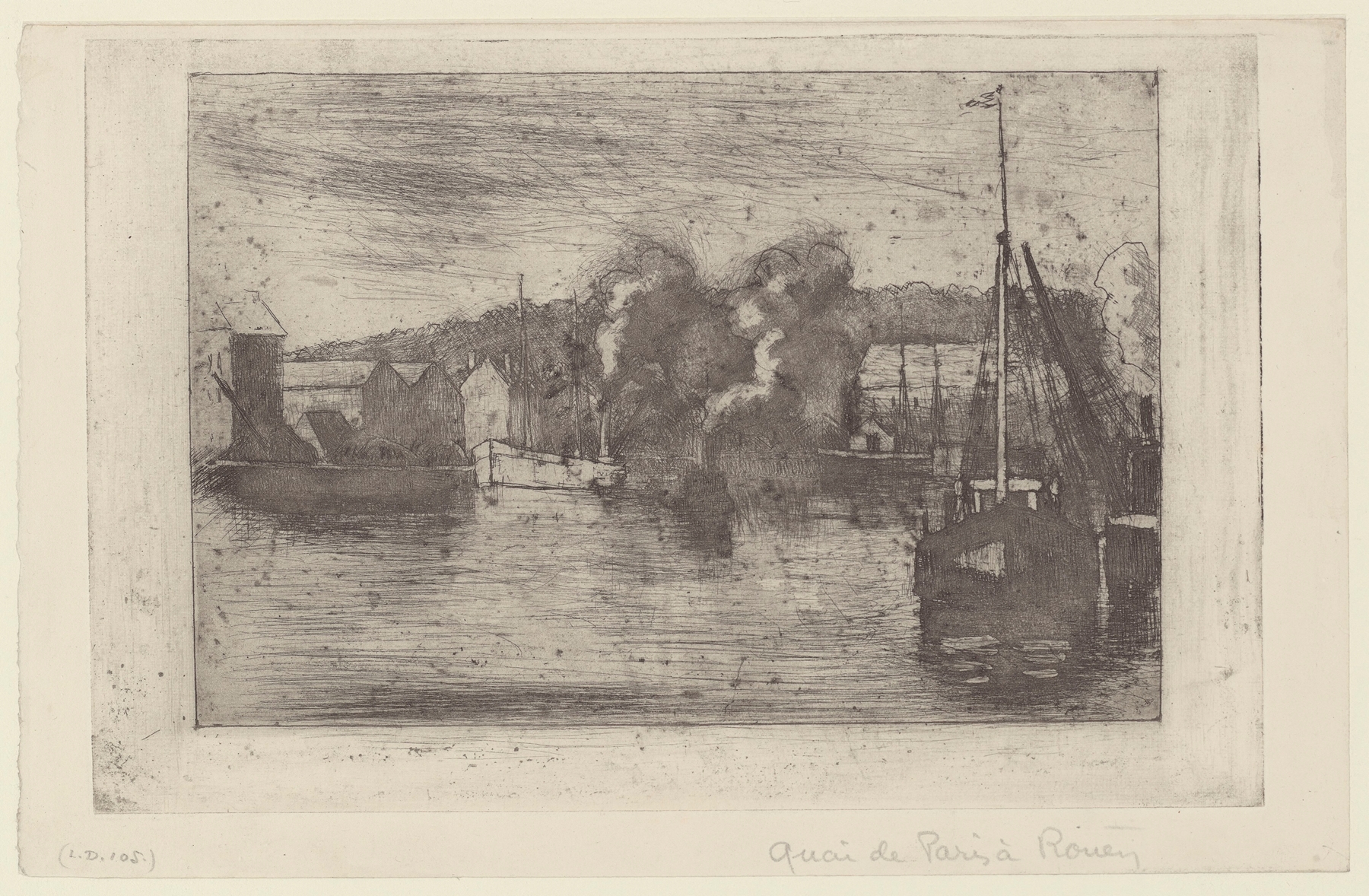 Quai de Paris, Rouen by Camille Pissarro, oil painting depicting a riverside landscape with reflections.