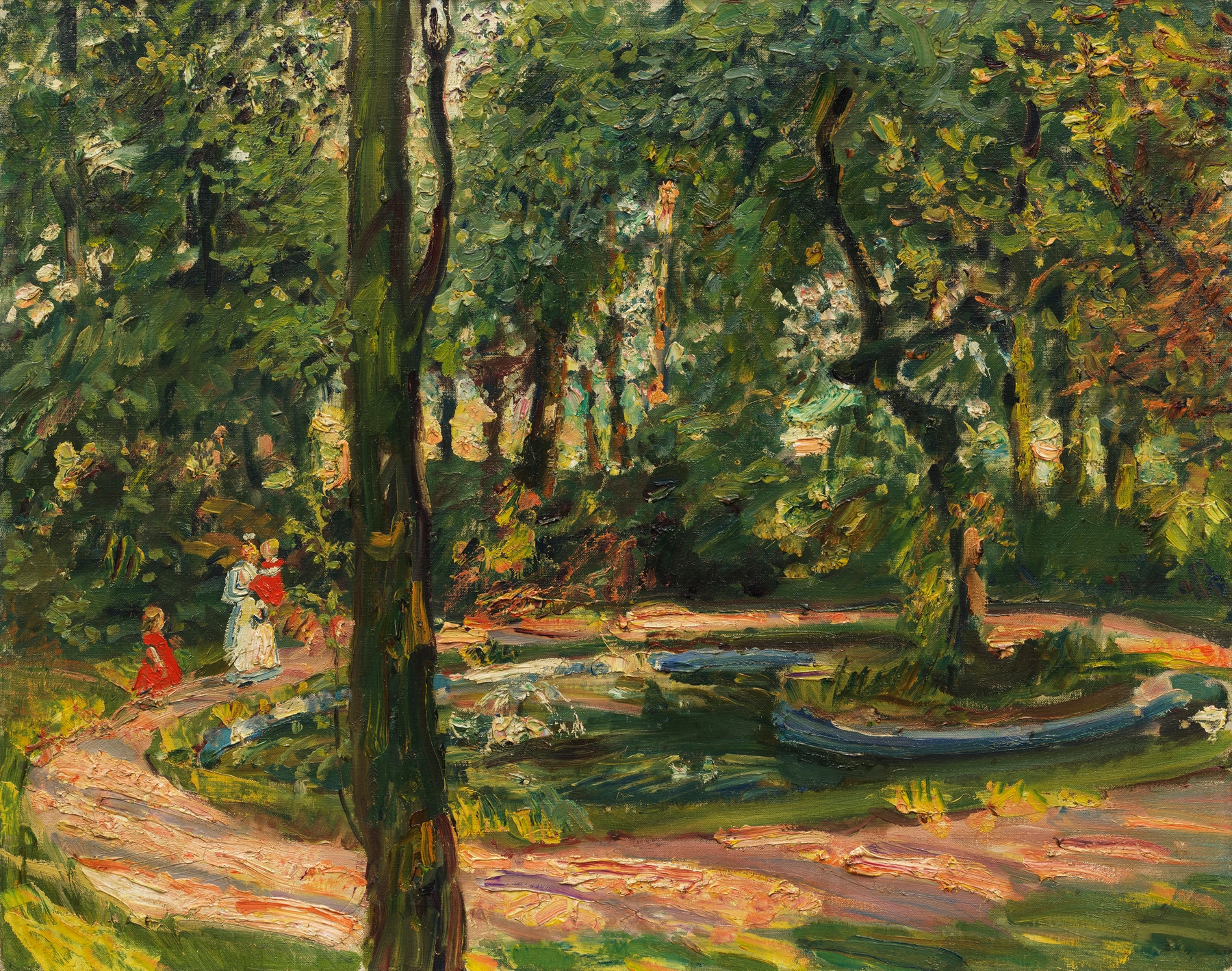 Genre scene depicting children playing by a pond, oil painting by Max Slevogt