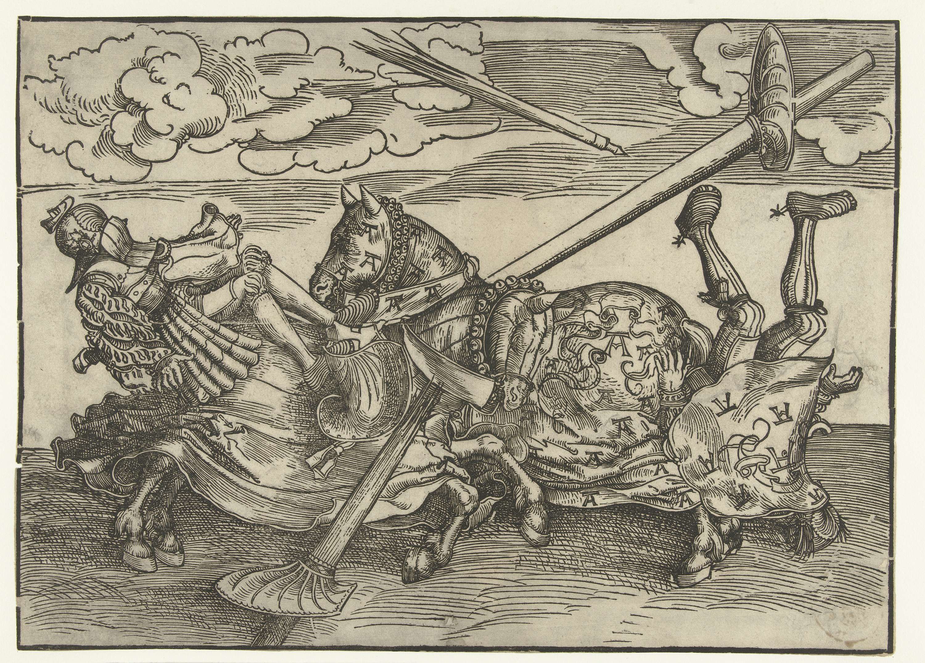 Historical scene of two knights in armor on horseback, paper by Lucas Cranach