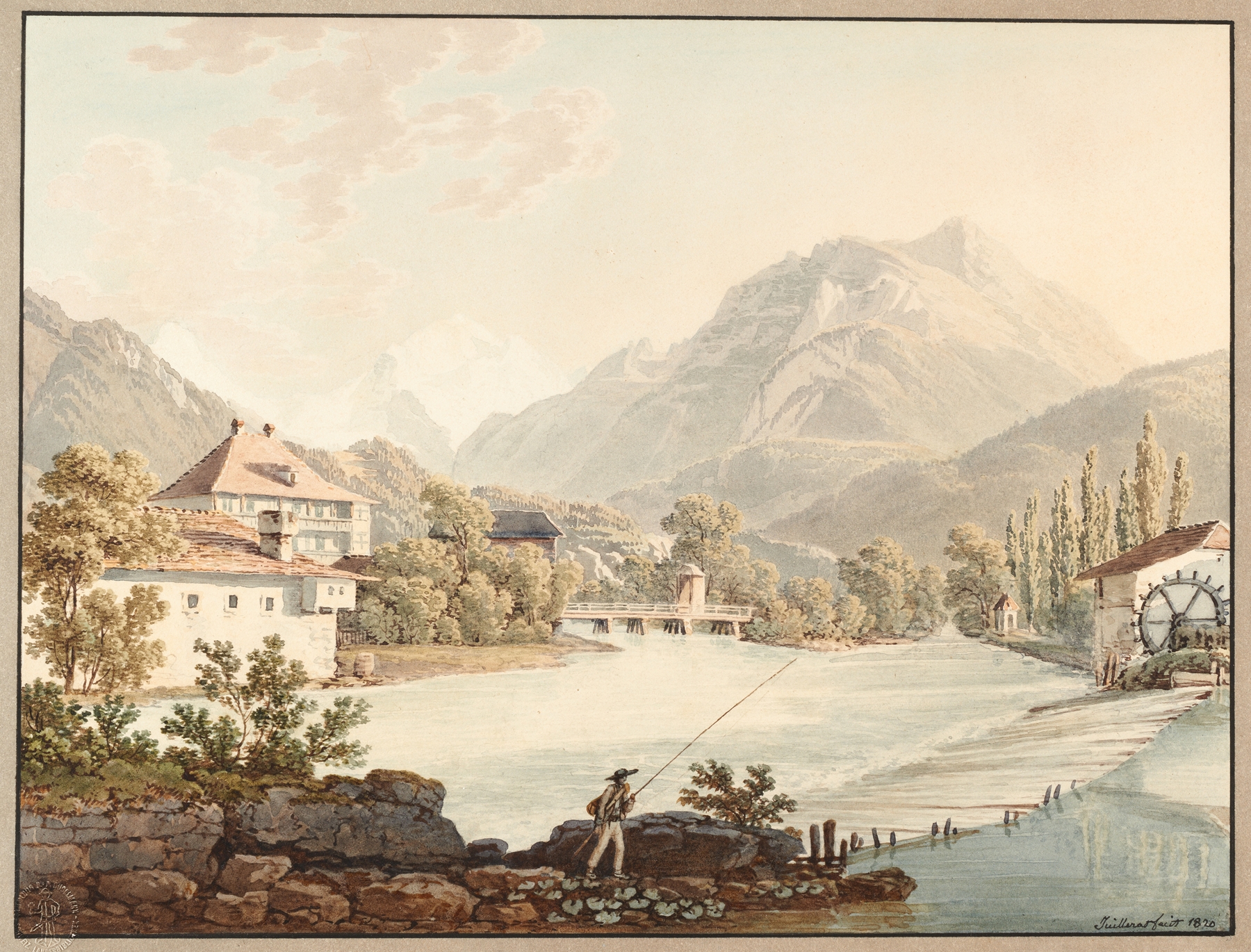 Landscape of lake and Alps in oil painting by Jacques Henri Juillerat